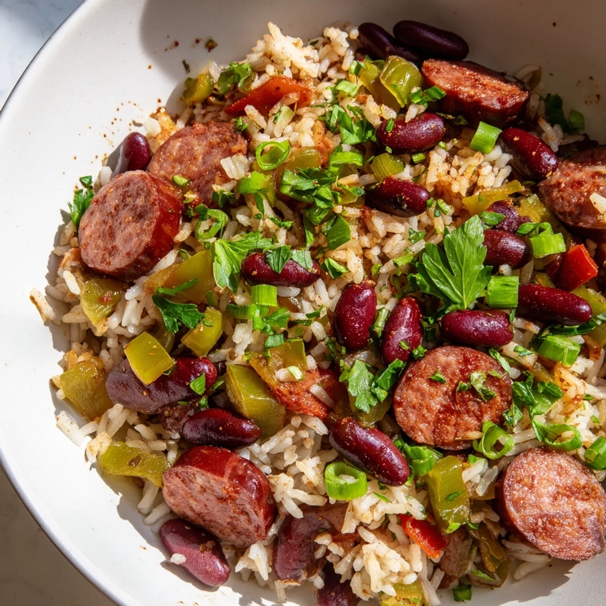 Family-style serving of Mardi Gras Rice and Beans with Beef Sausage in a colorful bowl, ready for a festive celebration.