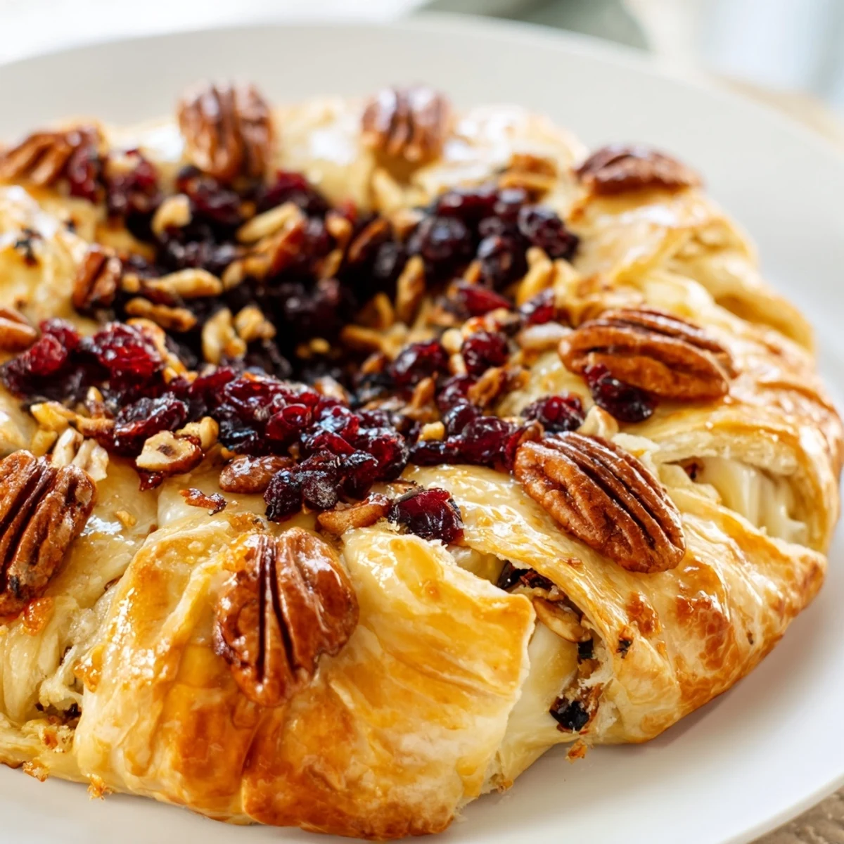 Golden-baked Brie with cranberry and pecan topping sits in flaky pastry on a wood board, ready to slice and serve.