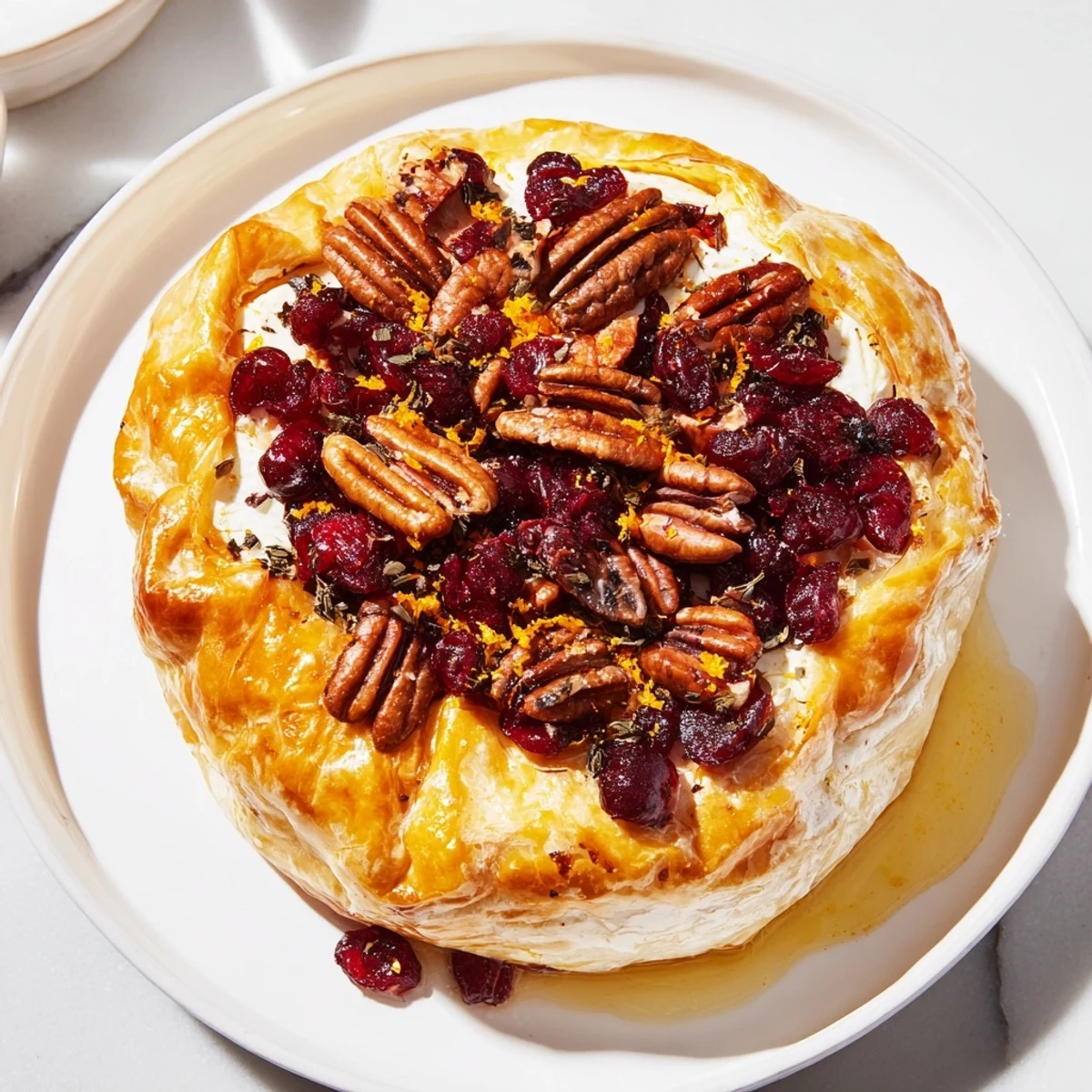 A warm wheel of Brie topped with tart cranberries and crunchy pecans in puff pastry, paired with crackers and apple slices.
