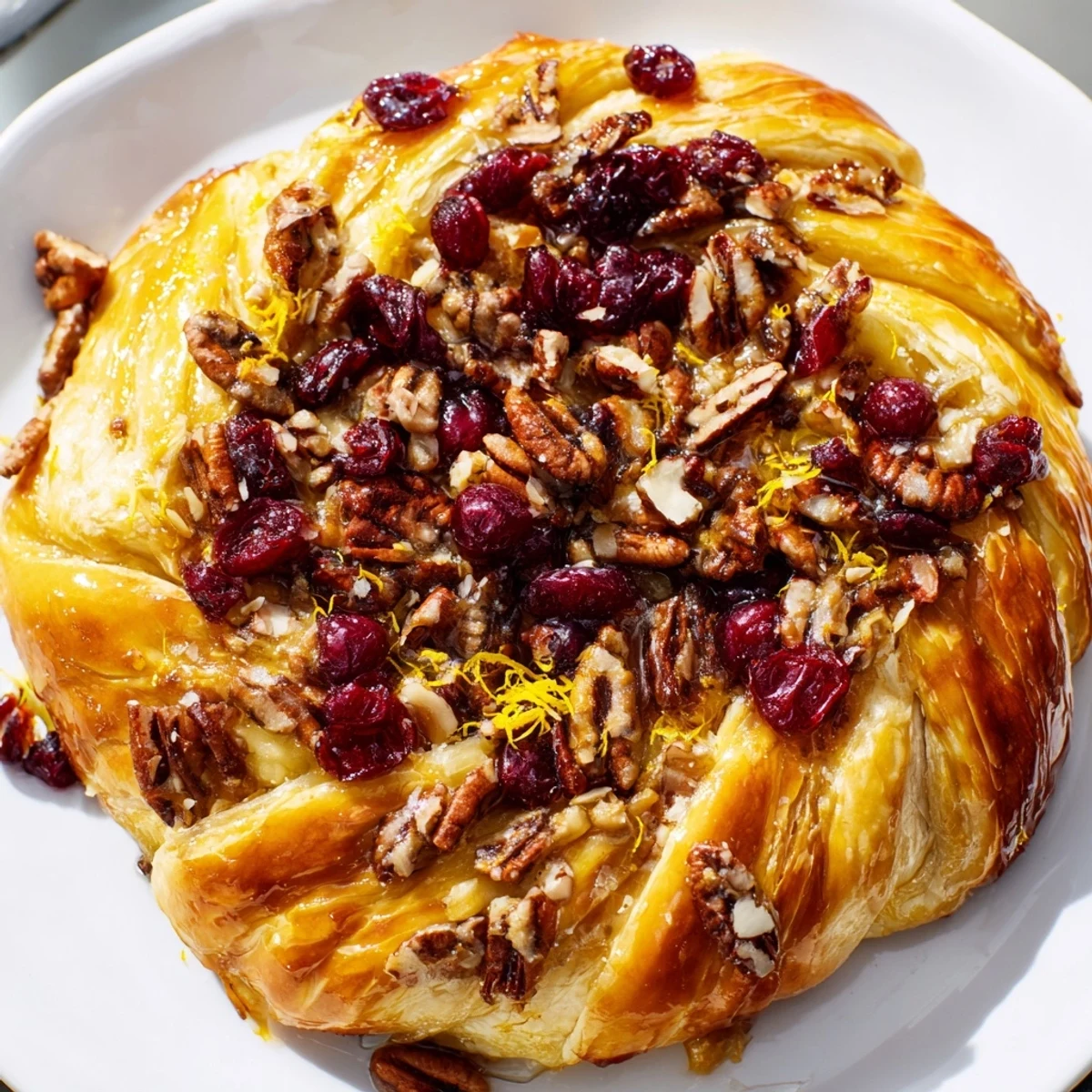 Freshly baked Brie with cranberry and pecan topping, gooey center oozing from golden pastry on a festive serving platter.