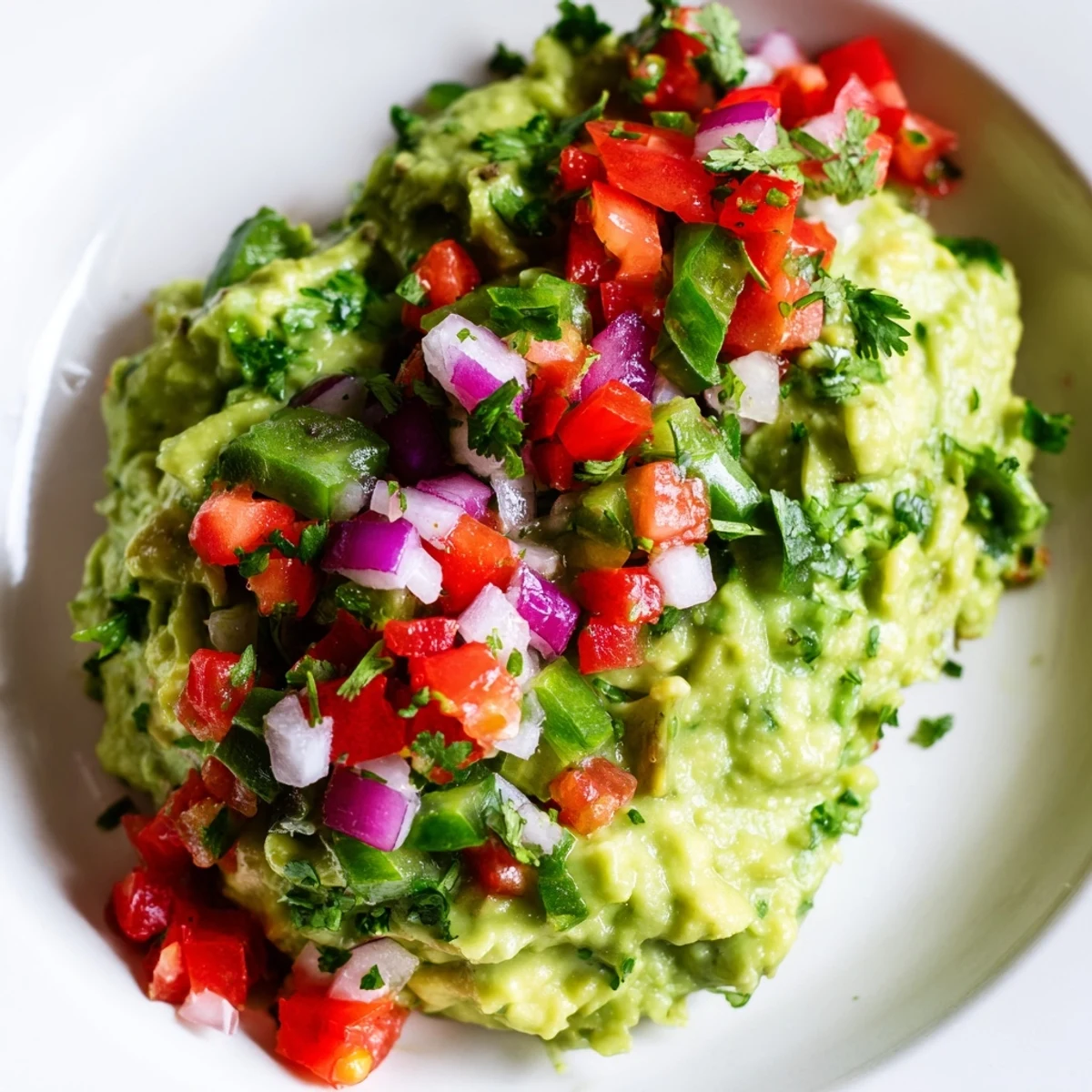 Freshly made Guacamole with Fresh Pico de Gallo served in a rustic bowl with crispy tortilla chips for dipping.