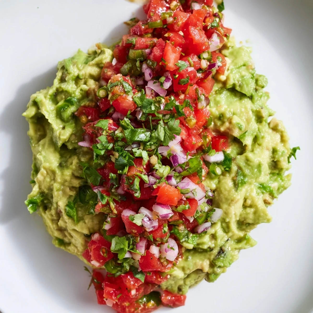 Colorful Guacamole with Fresh Pico de Gallo topped with diced tomatoes, onions, and cilantro beside crunchy nacho chips.