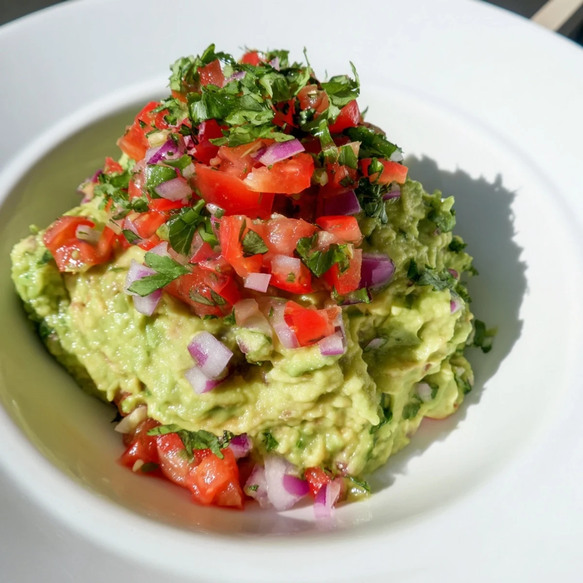 Creamy homemade Guacamole with Fresh Pico de Gallo garnished with lime wedges, perfect for a party appetizer spread.