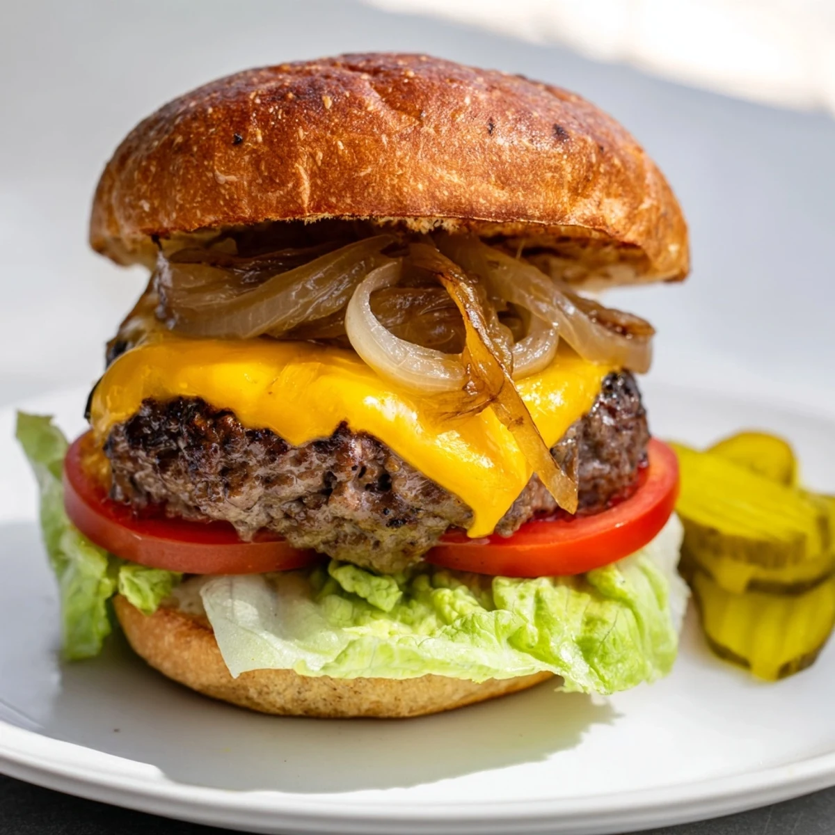 Classic Beef Burgers with Caramelized Onions sit on a toasted sesame bun with melted cheddar and fresh lettuce.