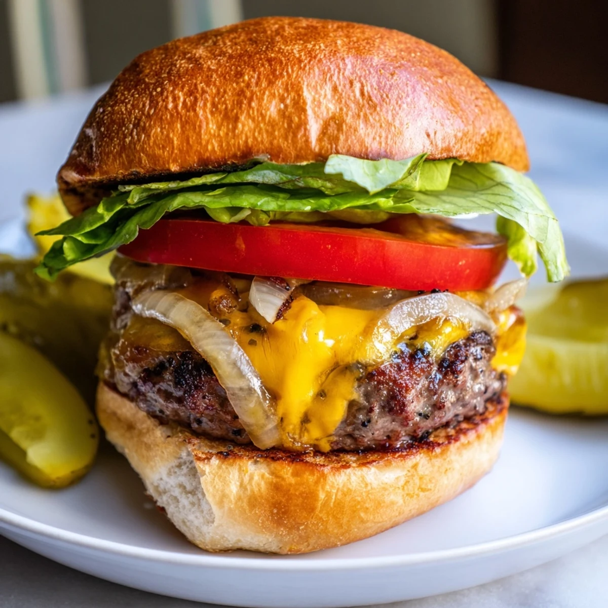 Golden caramelized onions pile high on juicy beef patties, with pickles and tomato ready to assemble.