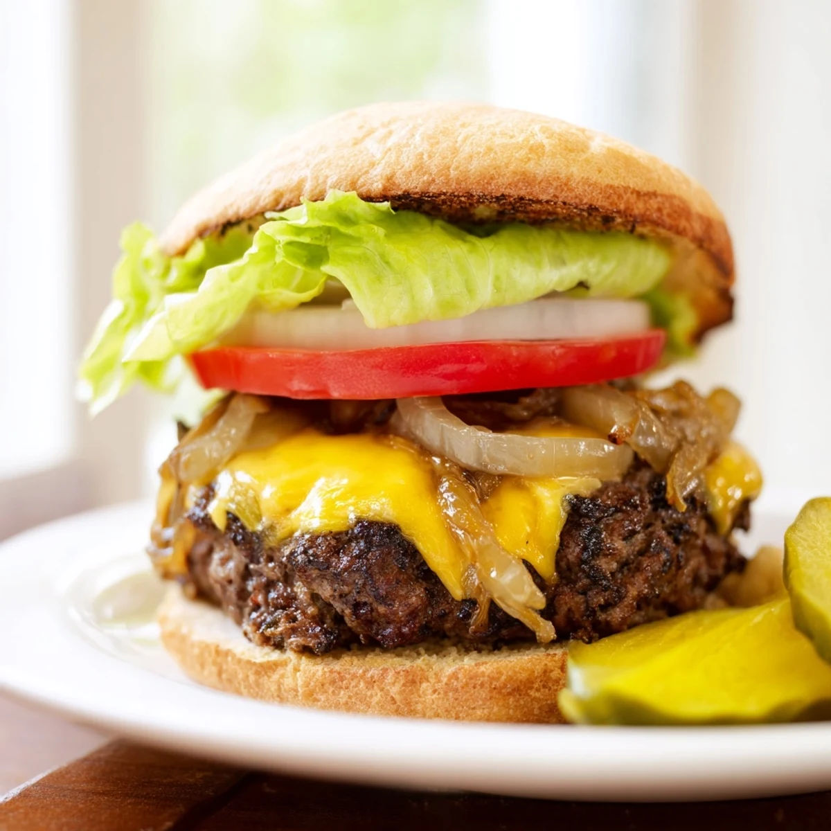 Sizzling Classic Beef Burgers with Caramelized Onions cook on a grill, steam rising from the sear.