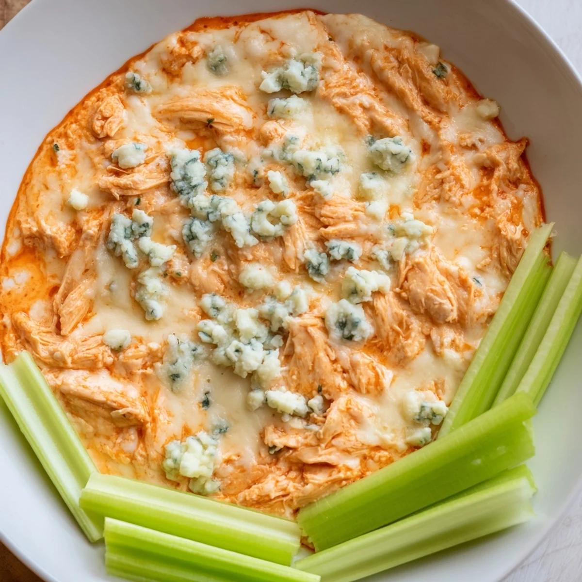 Steaming hot Spicy Buffalo Chicken Dip bubbling from the oven, topped with blue cheese crumbles.