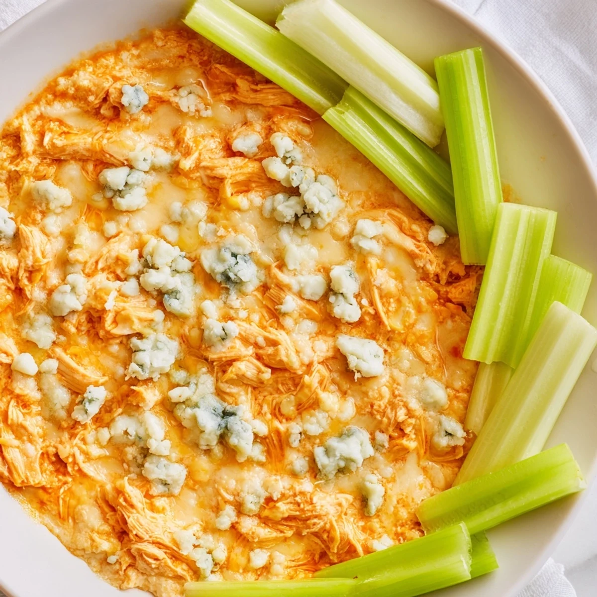 Golden, creamy Spicy Buffalo Chicken Dip served with crisp celery sticks on a platter.