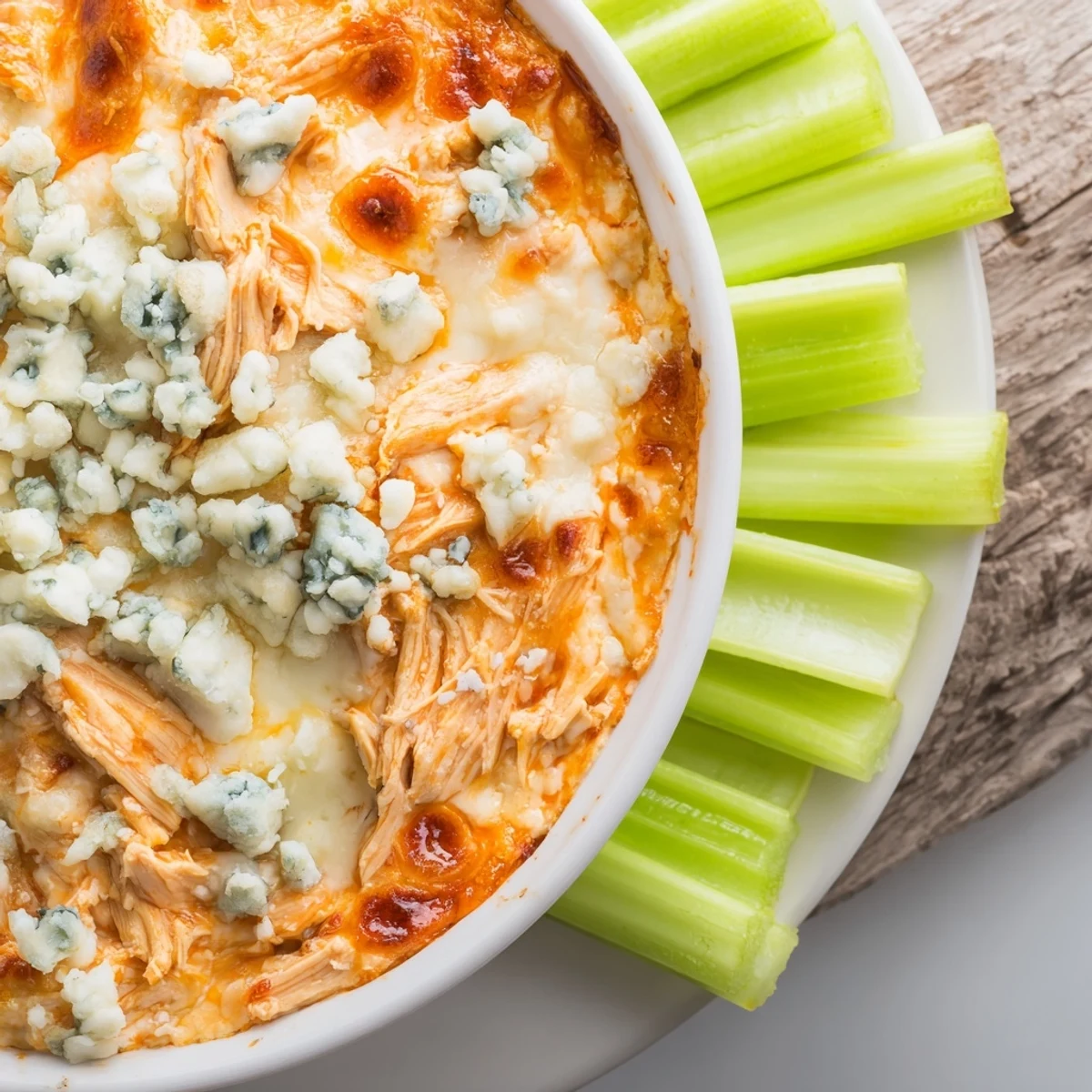 Savory Spicy Buffalo Chicken Dip with a side of fresh celery sticks for dipping.