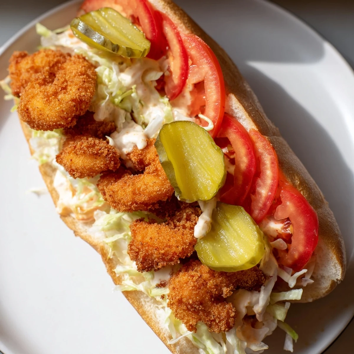 Crispy Southern shrimp po' boy sandwich with remoulade sauce, lettuce, tomato, and pickles on a toasted baguette roll.  