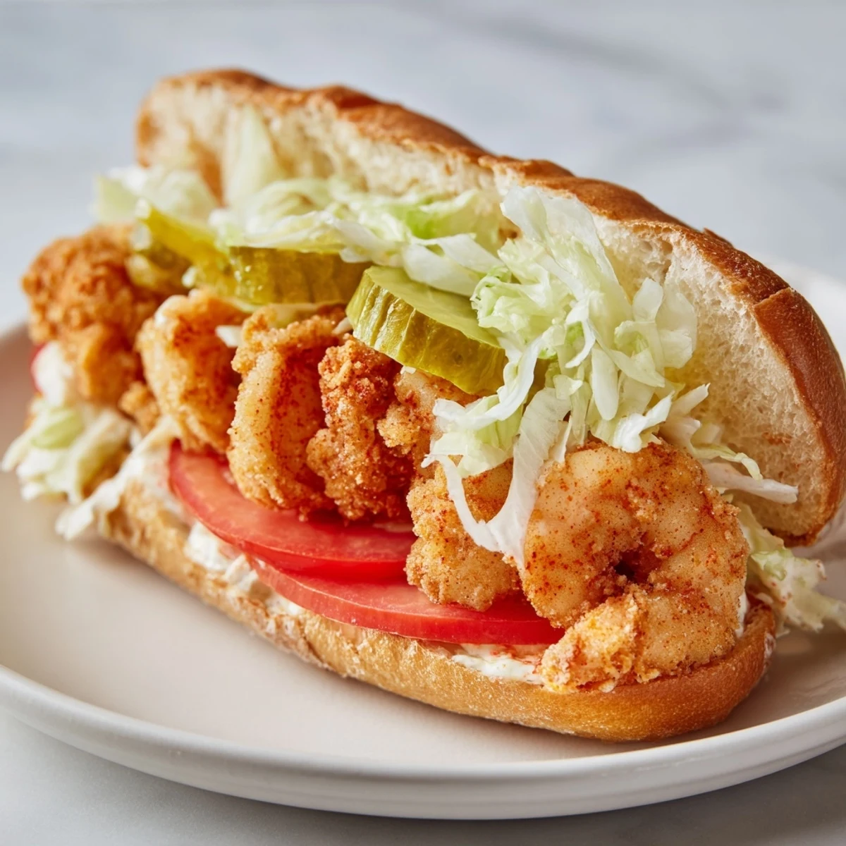 Golden Southern shrimp po' boy served with zesty remoulade sauce and crisp vegetables on a warm baguette.