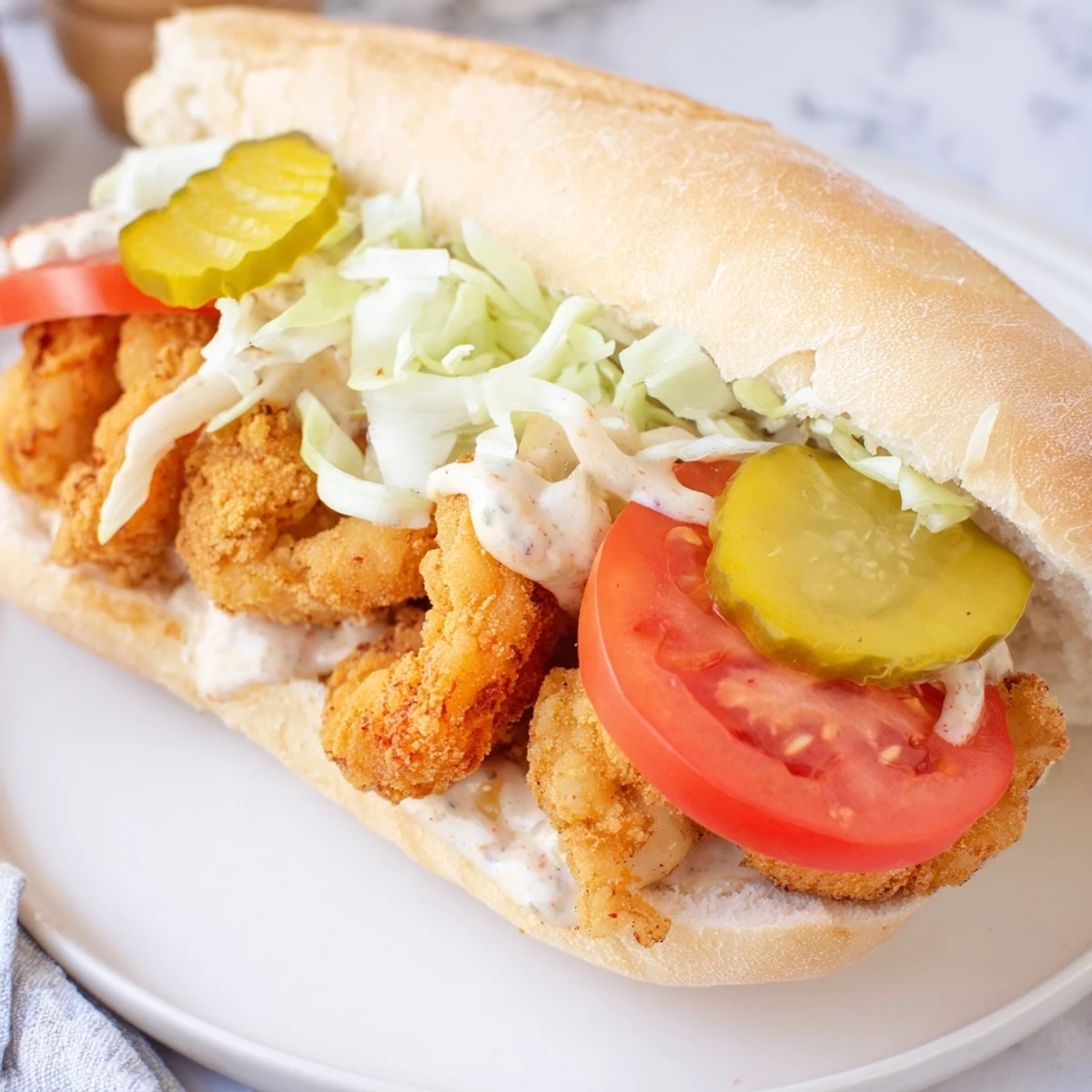 Freshly fried shrimp po' boy on a fluffy roll, layered with crunchy lettuce, tomato slices, and dill pickles.  