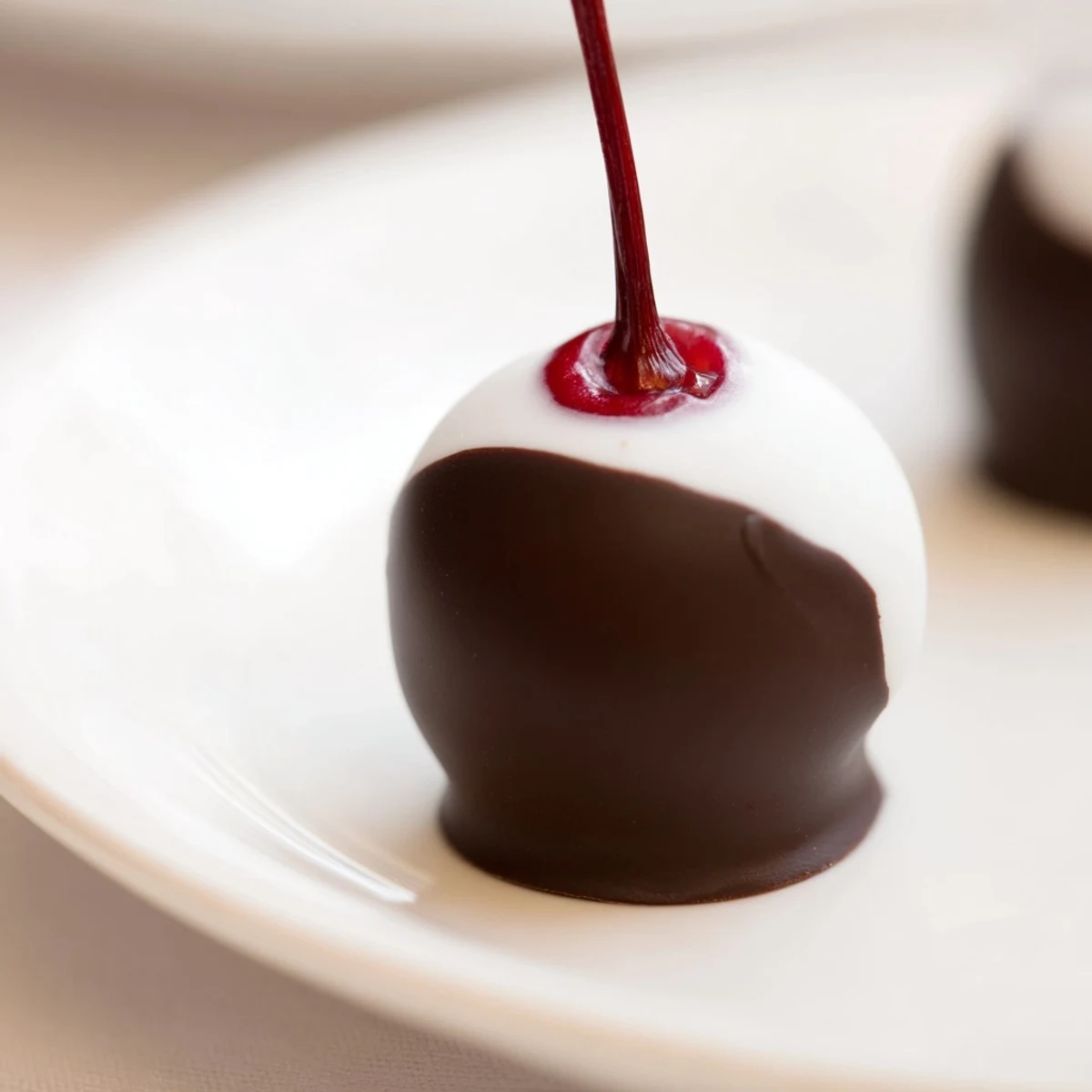 Freshly dipped Chocolate Covered Cherries with Fondant Center on parchment, highlighting the rich chocolate coating and maraschino stems.