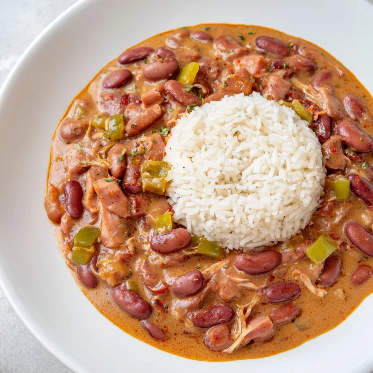 Steaming Creole Red Beans and Rice with Smoked Turkey in a Dutch oven, served over fluffy rice and topped with sliced green onions.