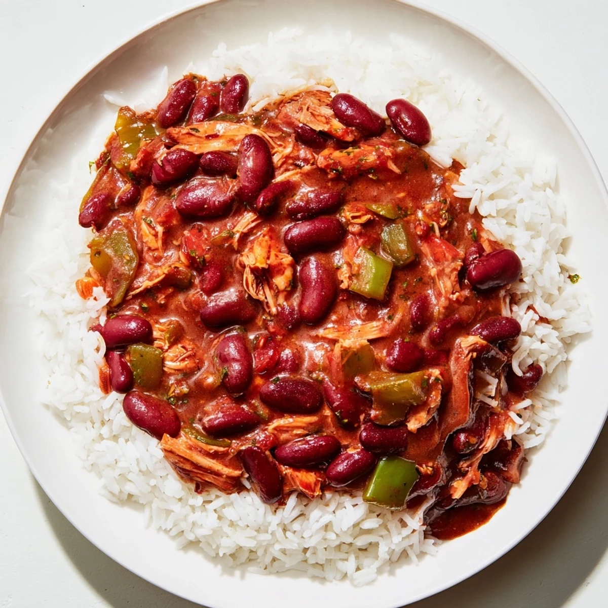 Serving Creole Red Beans and Rice with Smoked Turkey in a bowl over fluffy white rice, garnished with green onions and a dash of hot sauce.