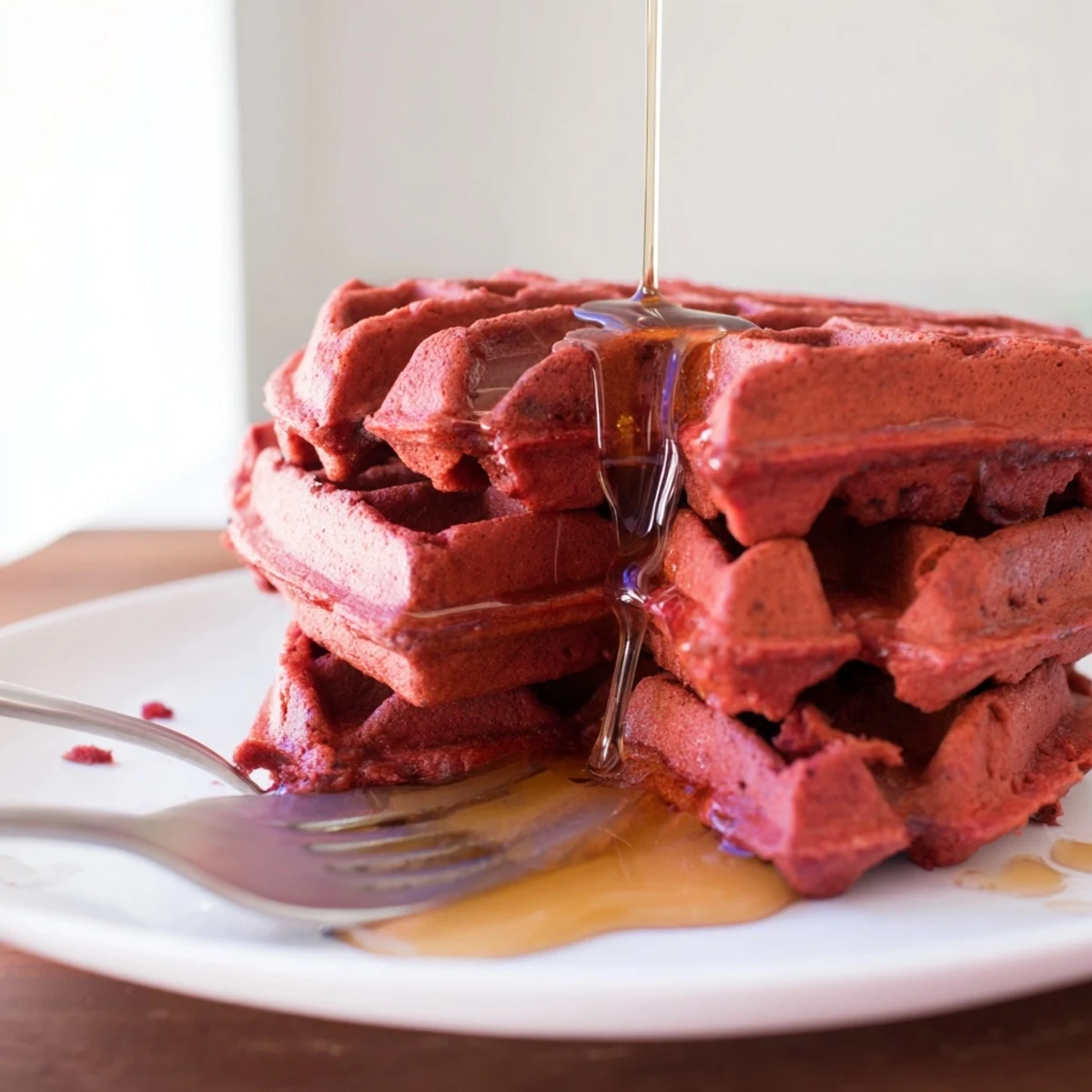 A close-up of freshly cooked red velvet waffles, their vibrant cocoa-spiced crumb topped with creamy whipped cream and berries.