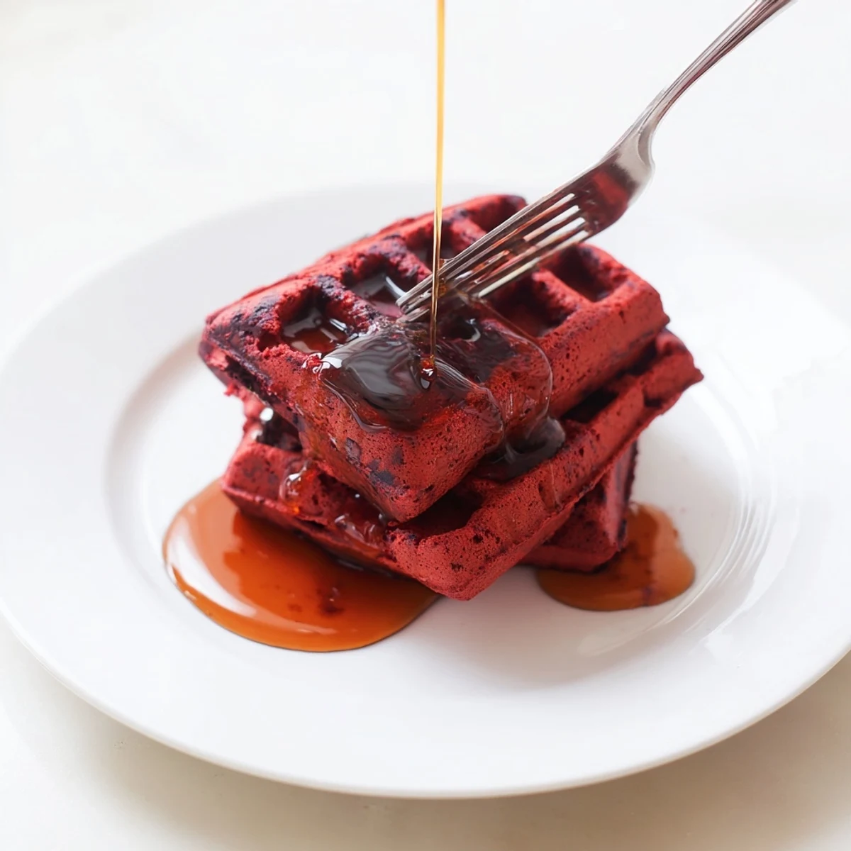 Golden, crisp red velvet waffles stacked high, with a pitcher of rich maple syrup cascading down the sides.
