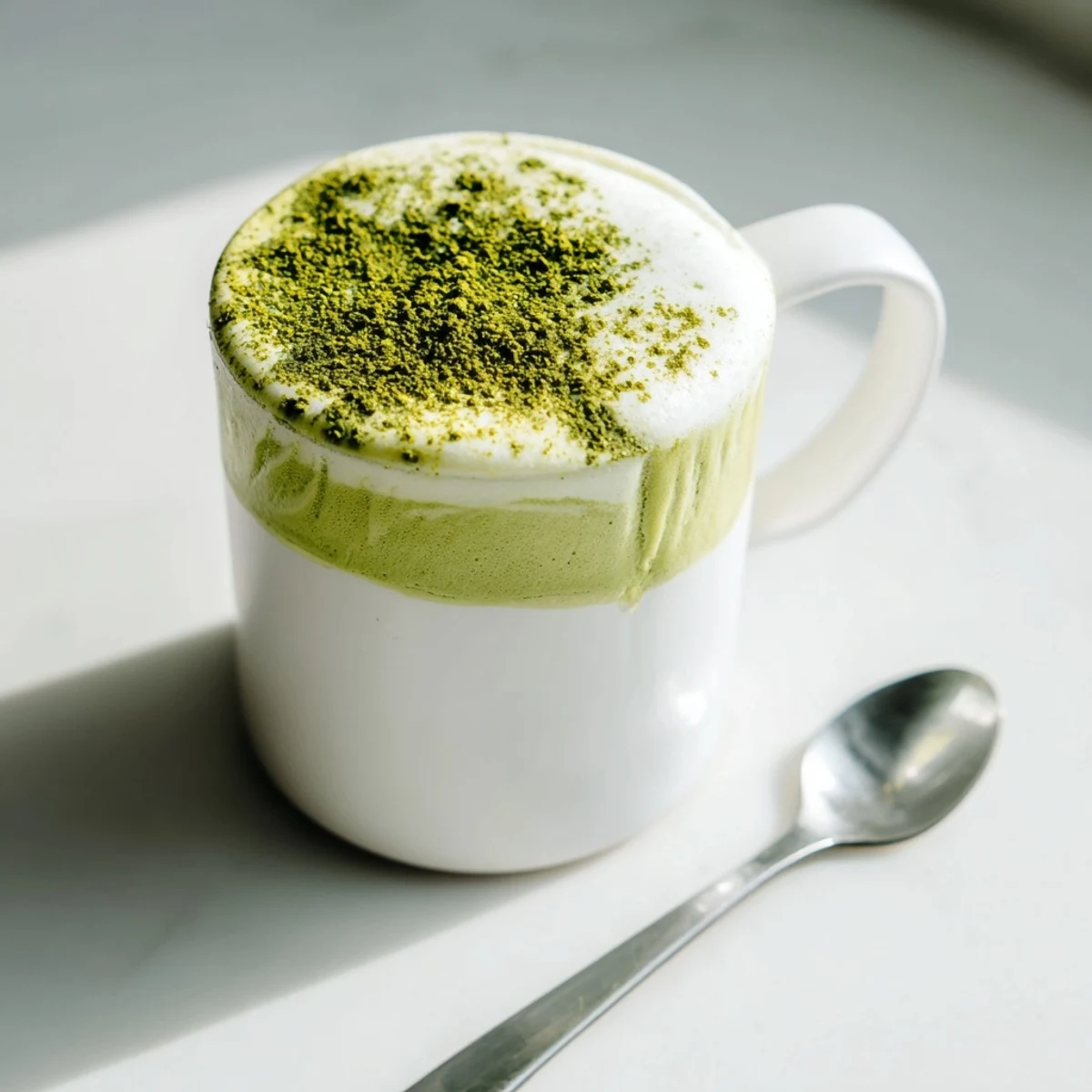 Vibrant green matcha latte with oat milk sits in a ceramic cup, a bamboo whisk resting beside it. 