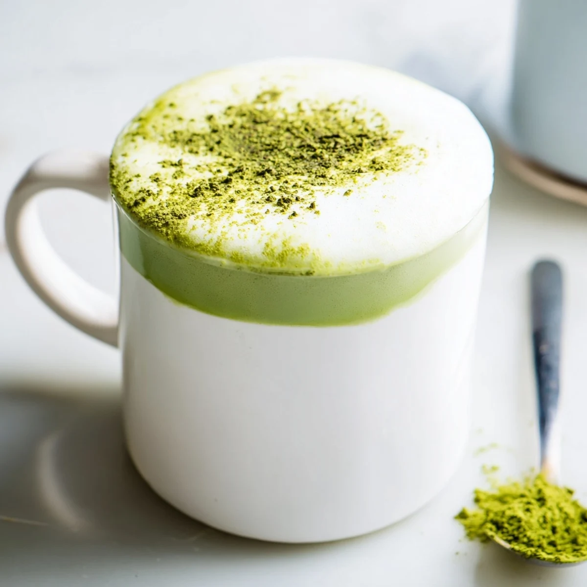 A creamy Green Matcha Latte with Oat Milk is poured into a glass, showing rich frothy foam. 
