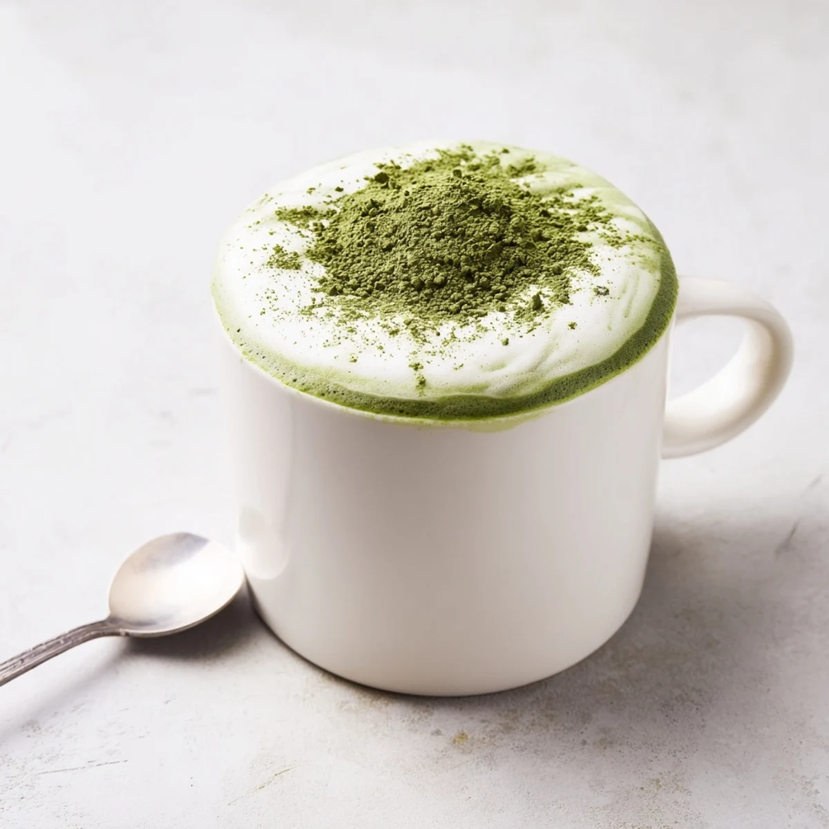Homemade Green Matcha Latte with Oat Milk topped with a sprinkle of matcha powder next to bamboo whisk.