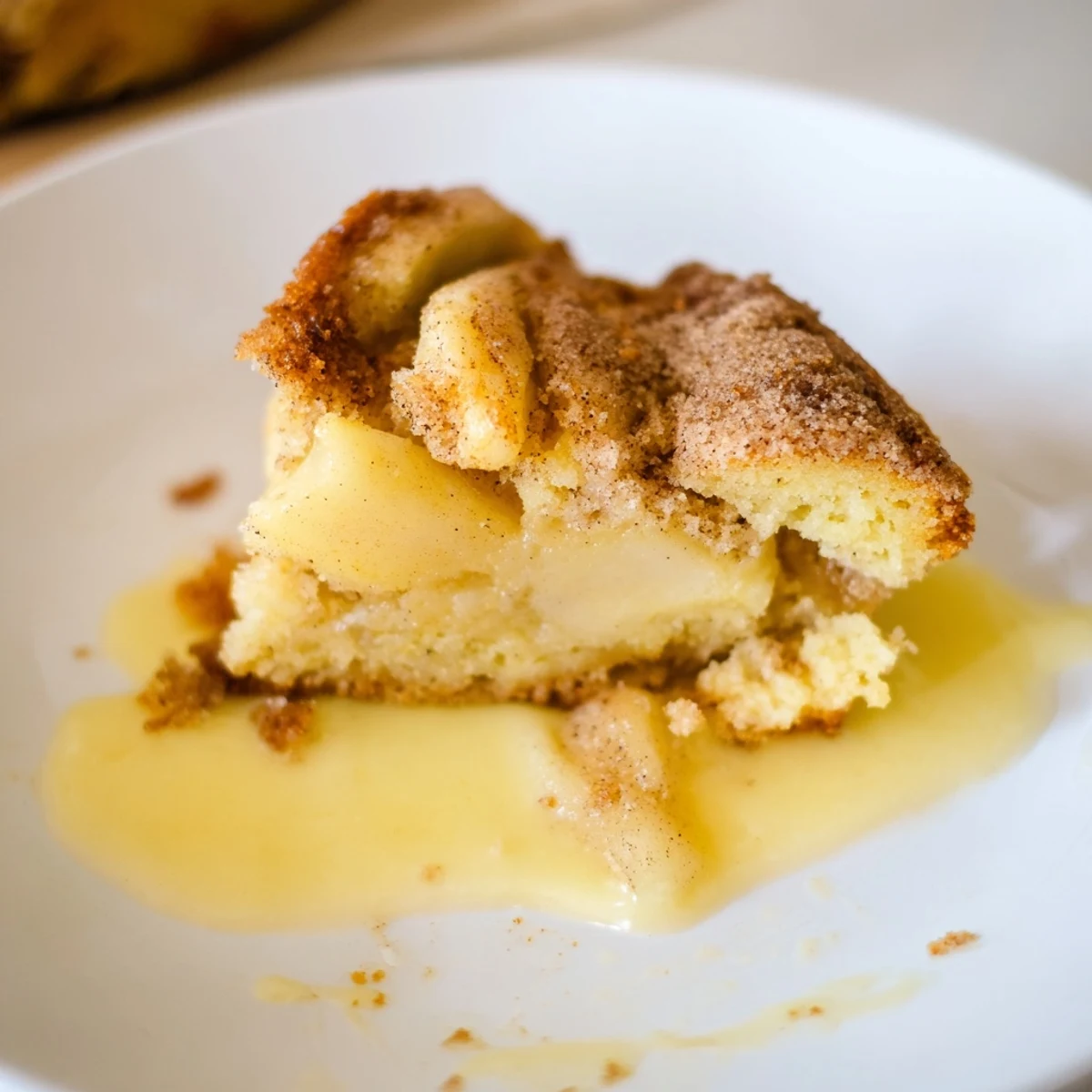 Moist slices of Irish Apple Cake with Warm Vanilla Custard, featuring tender spiced apples and a velvety drizzle.  