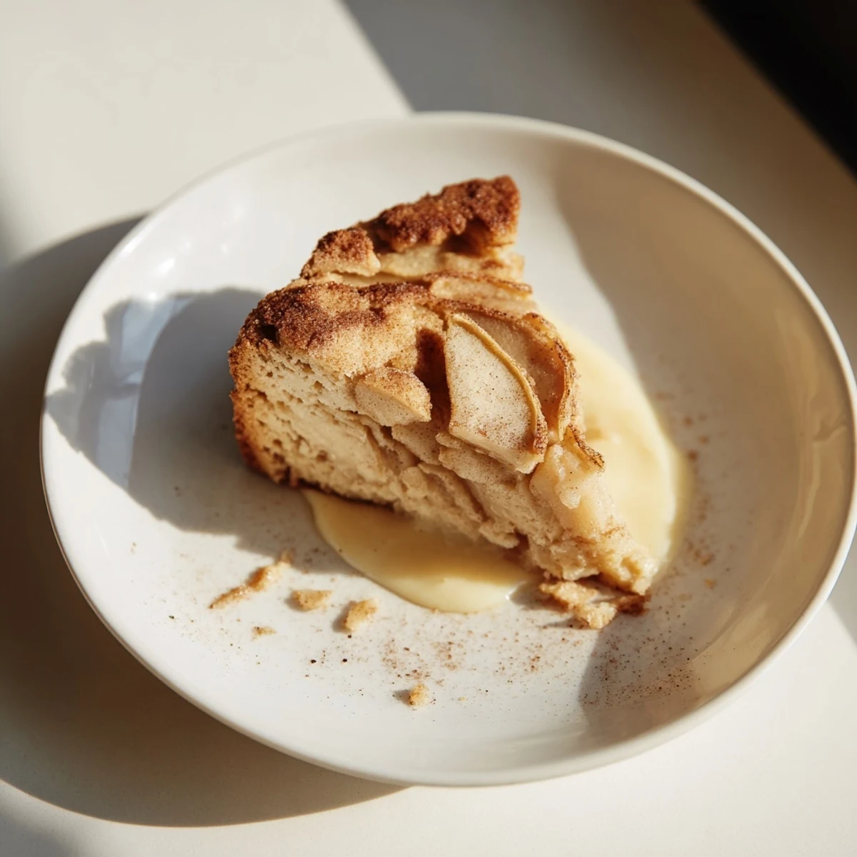 Close-up of a rustic Irish Apple Cake with Warm Vanilla Custard on a plate, ready to serve warm.  
