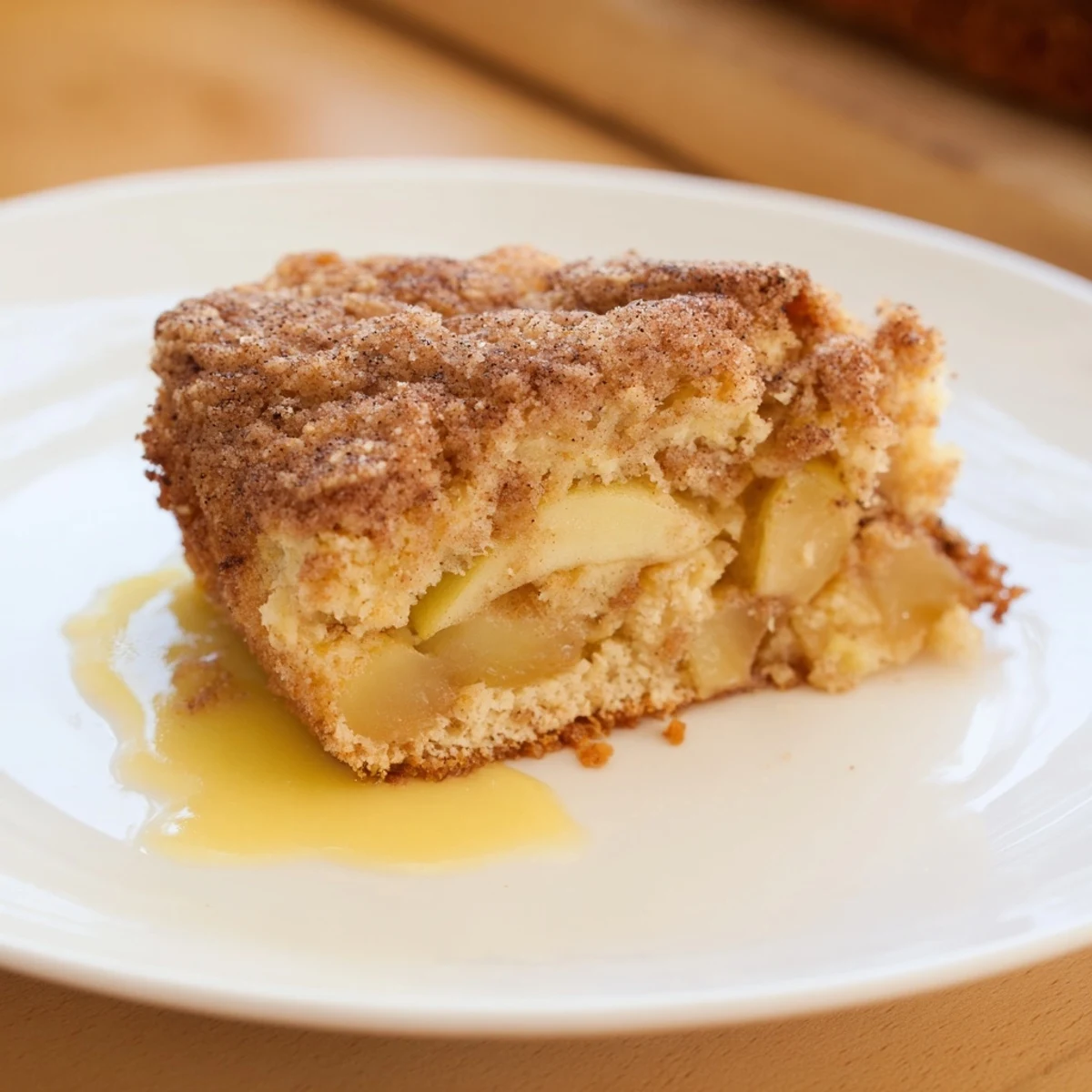 Homemade Irish Apple Cake with Warm Vanilla Custard, golden-brown and studded with apple slices for a cozy dessert.