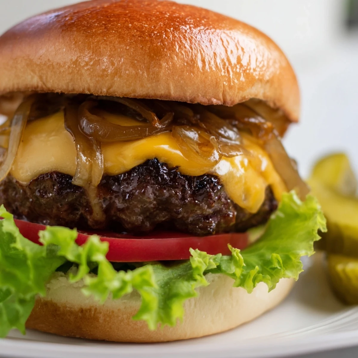 Classic Beef Burgers with Caramelized Onions sizzling on the grill, topped with golden onions and crisp lettuce.  