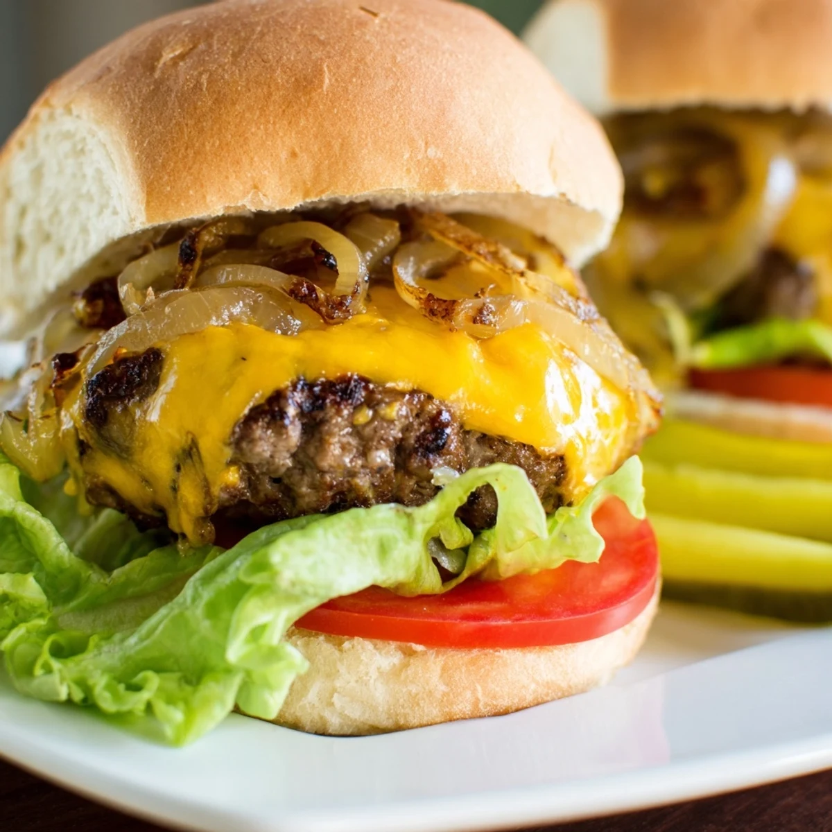 Classic Beef Burgers with Caramelized Onions on a platter, garnished with pickles and tomatoes for a hearty meal.
