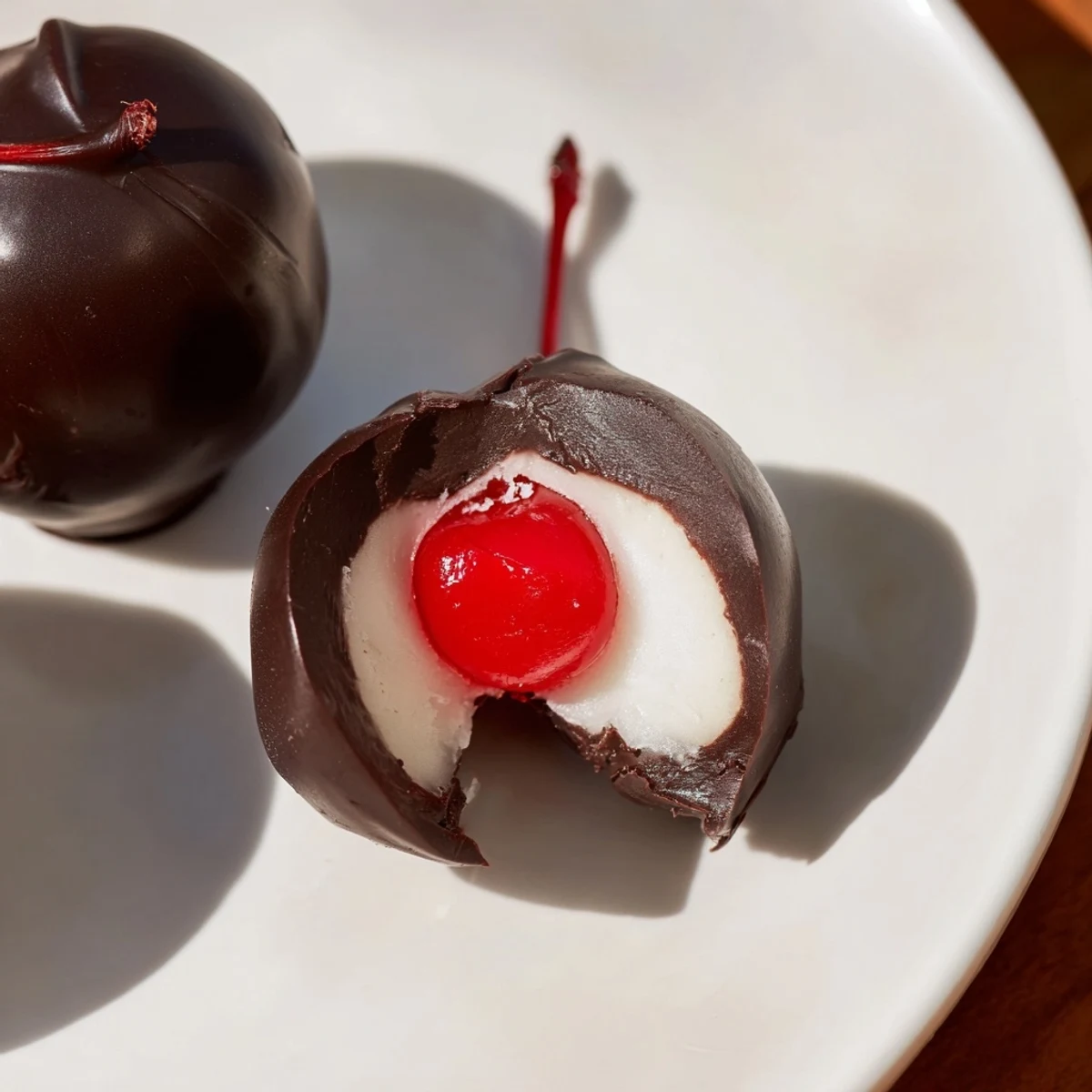 The finished chocolate covered cherries with fondant center, glistening on a white plate, ready for gifting or special occasions.