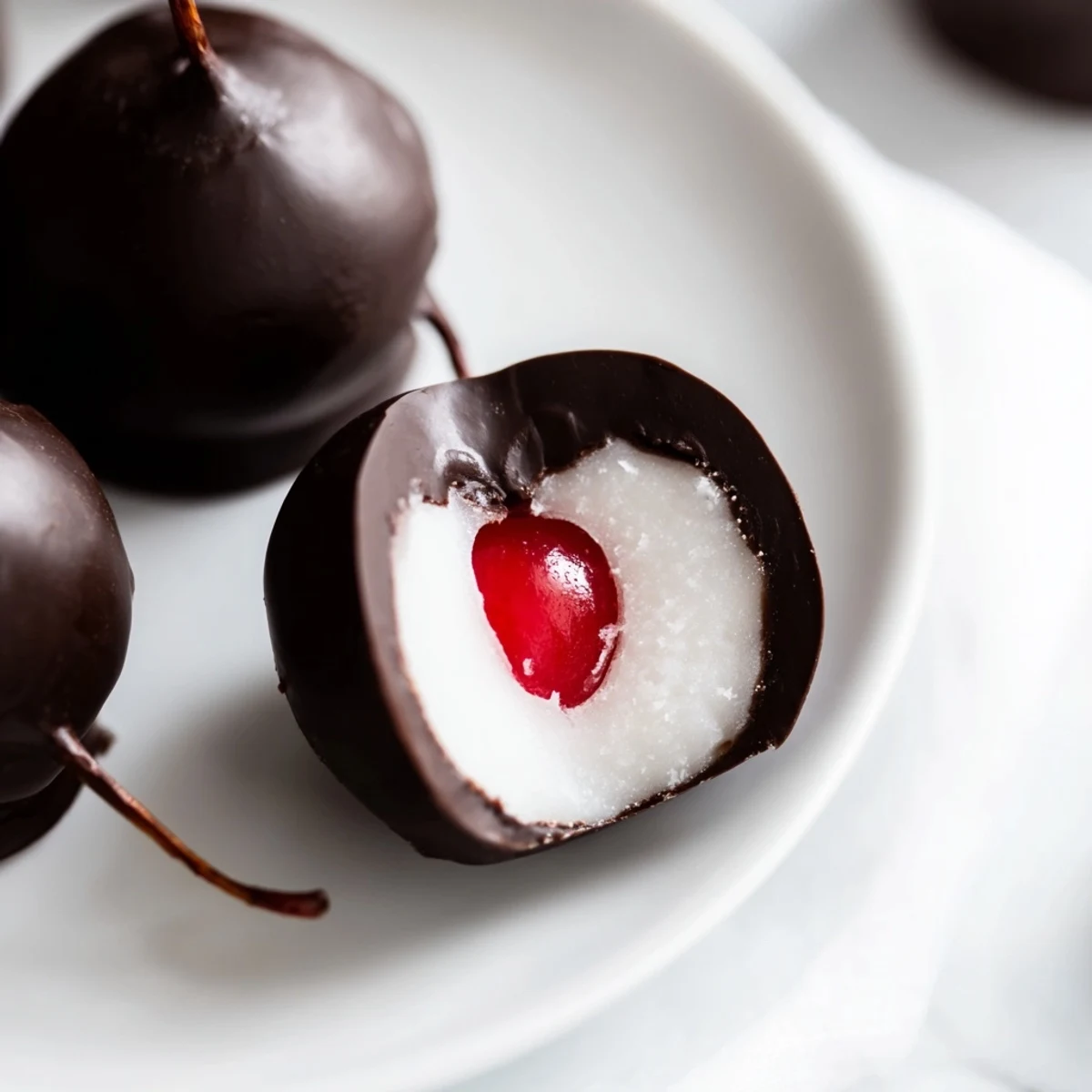 Delicious chocolate covered cherries with fondant center arranged on a wooden board, perfect for holiday platters or dessert tables.