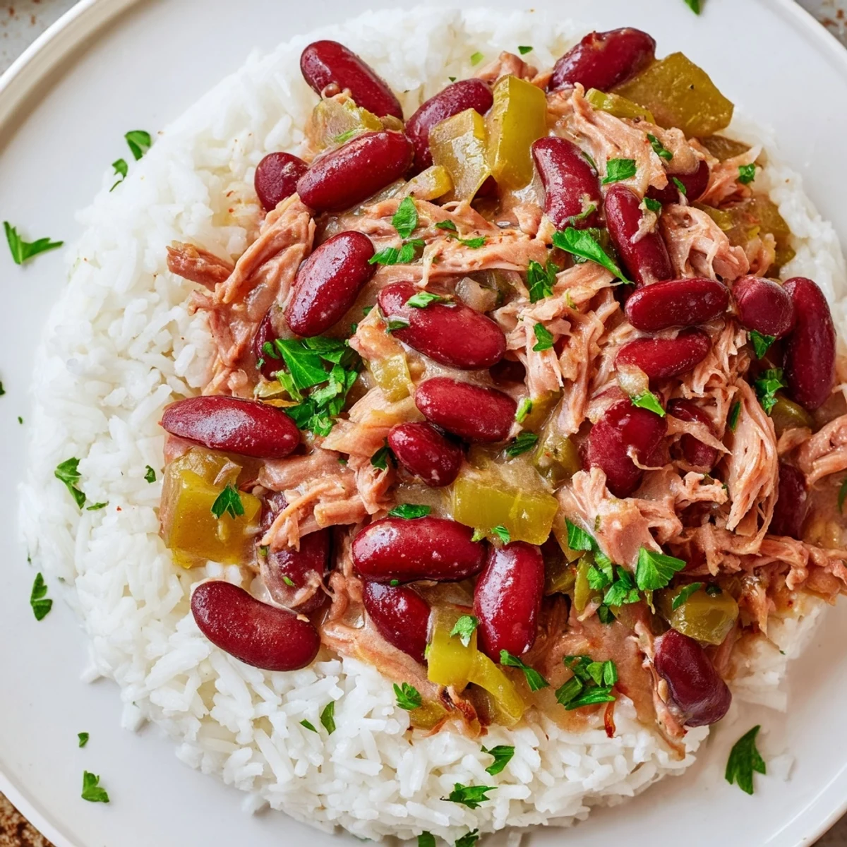 A rustic Dutch oven pot filled with tender red beans, smoked turkey drumsticks, and aromatic Creole spices.