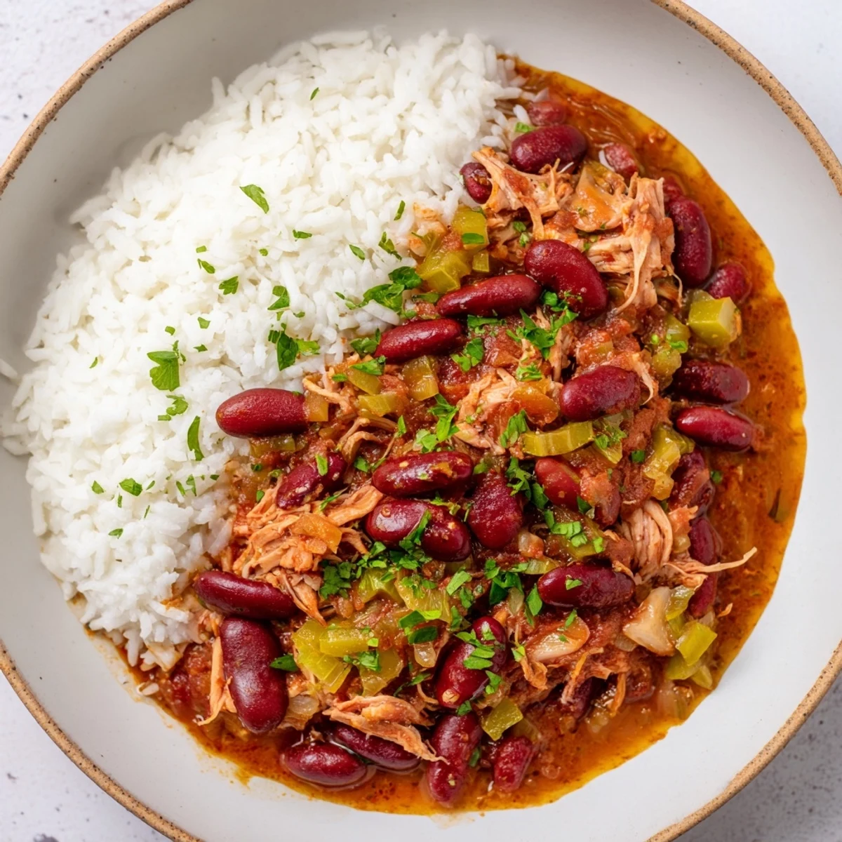 A steaming bowl of Creole Red Beans and Rice with Smoked Turkey served over fluffy white rice, garnished with fresh parsley.