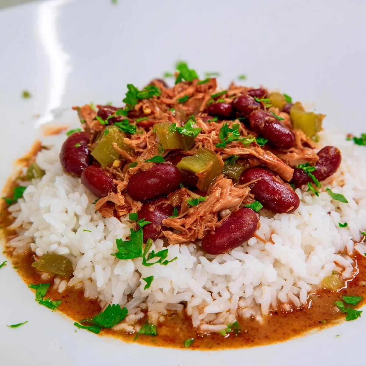 Homemade Creole Red Beans and Rice with Smoked Turkey presented in a white bowl, ready to be enjoyed.