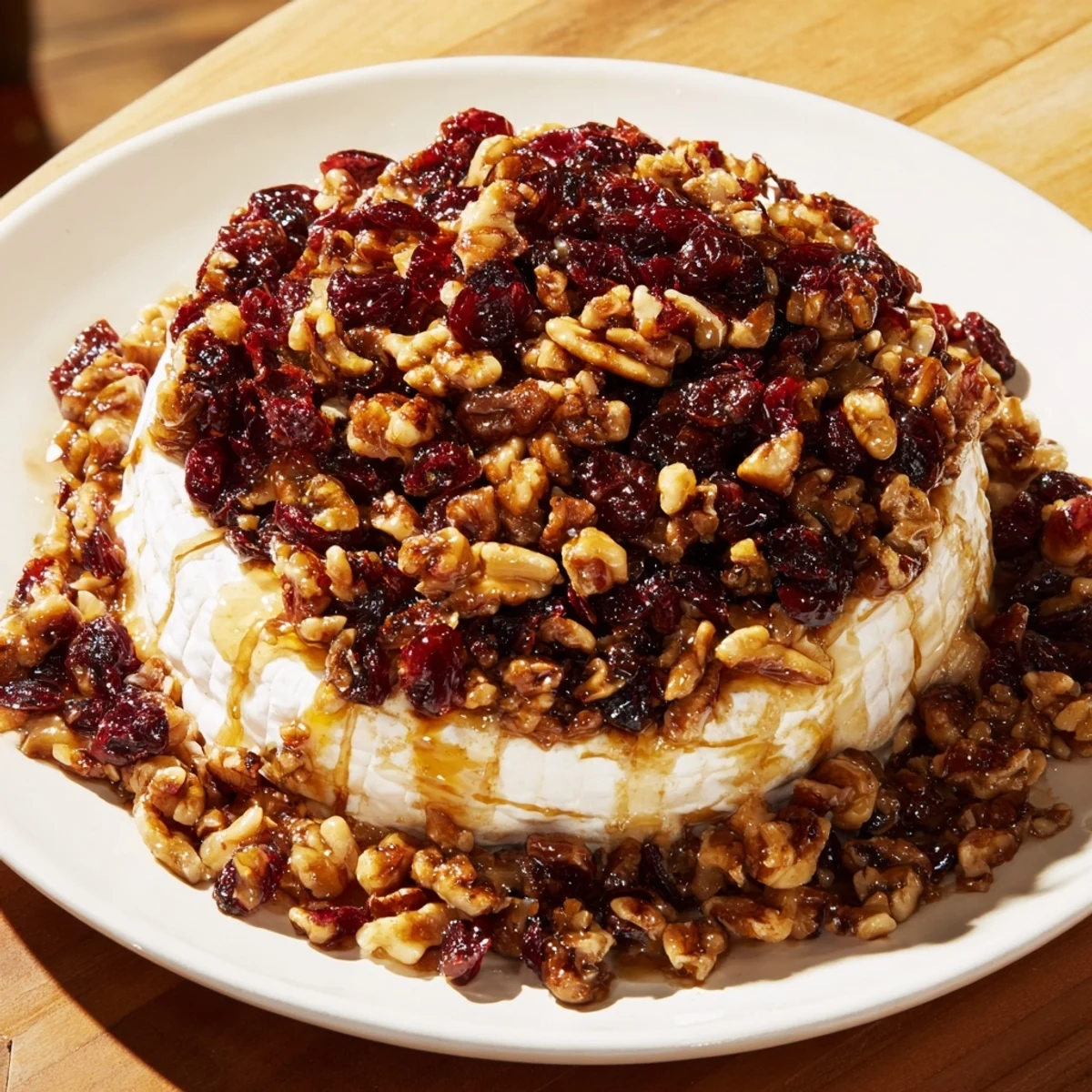 A wheel of baked brie with cranberry pecan topping, gooey and melty, served with crackers on a holiday platter.  