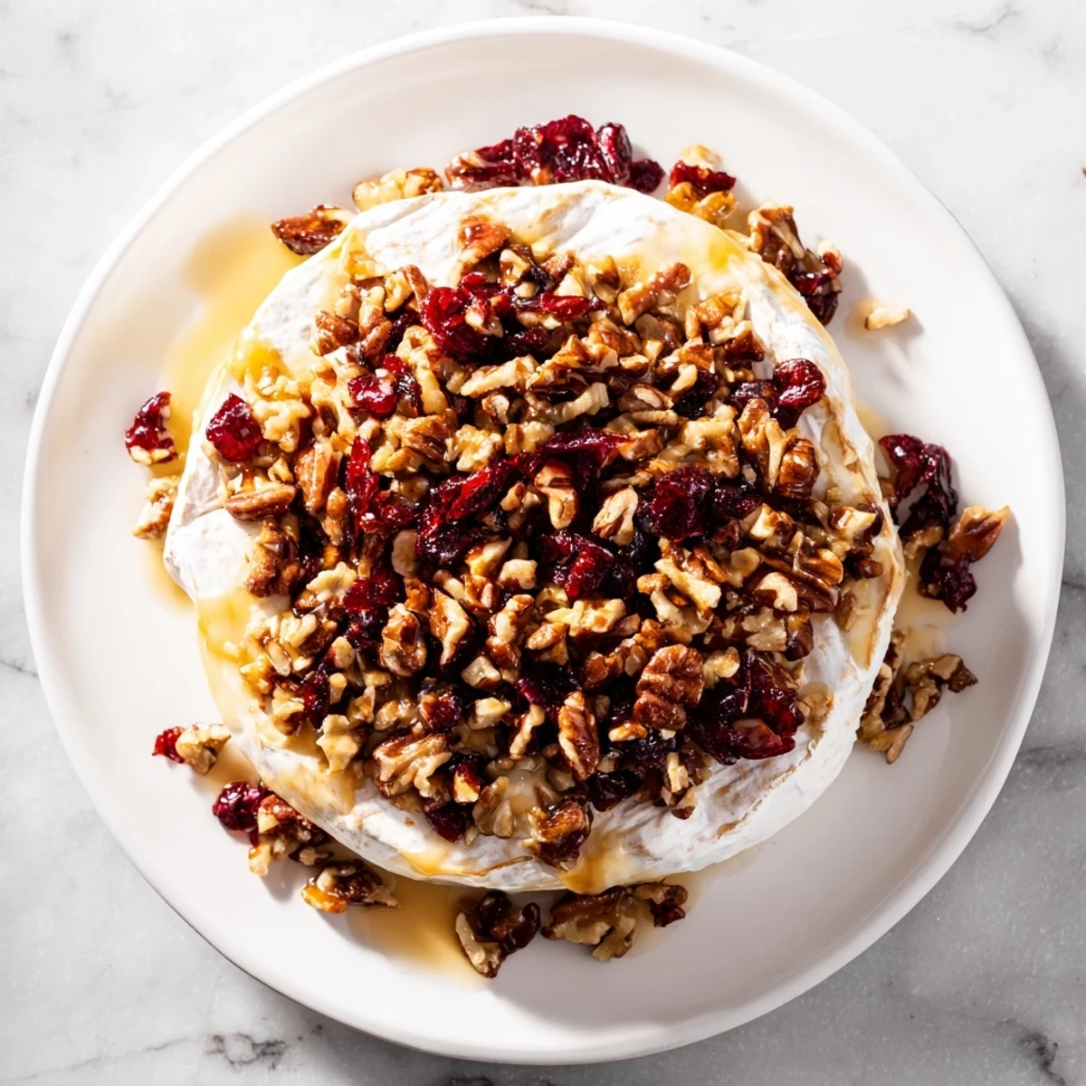 Fresh cranberries and toasted pecans top this warm baked brie, creating a sweet and savory appetizer for entertaining.  