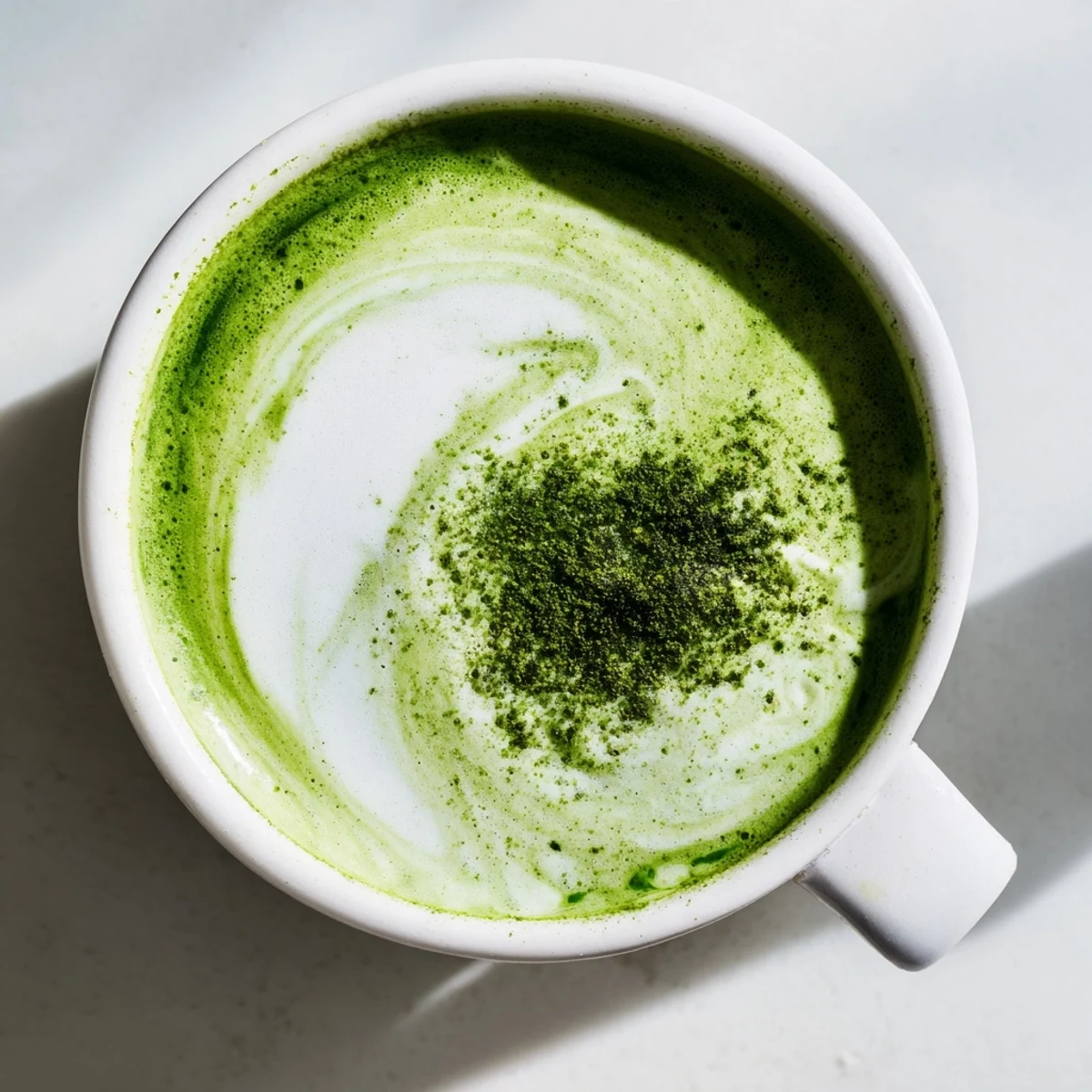 A frothy Green Matcha Latte with Oat Milk and Honey in a clear glass mug, topped with a light dusting of green powder.