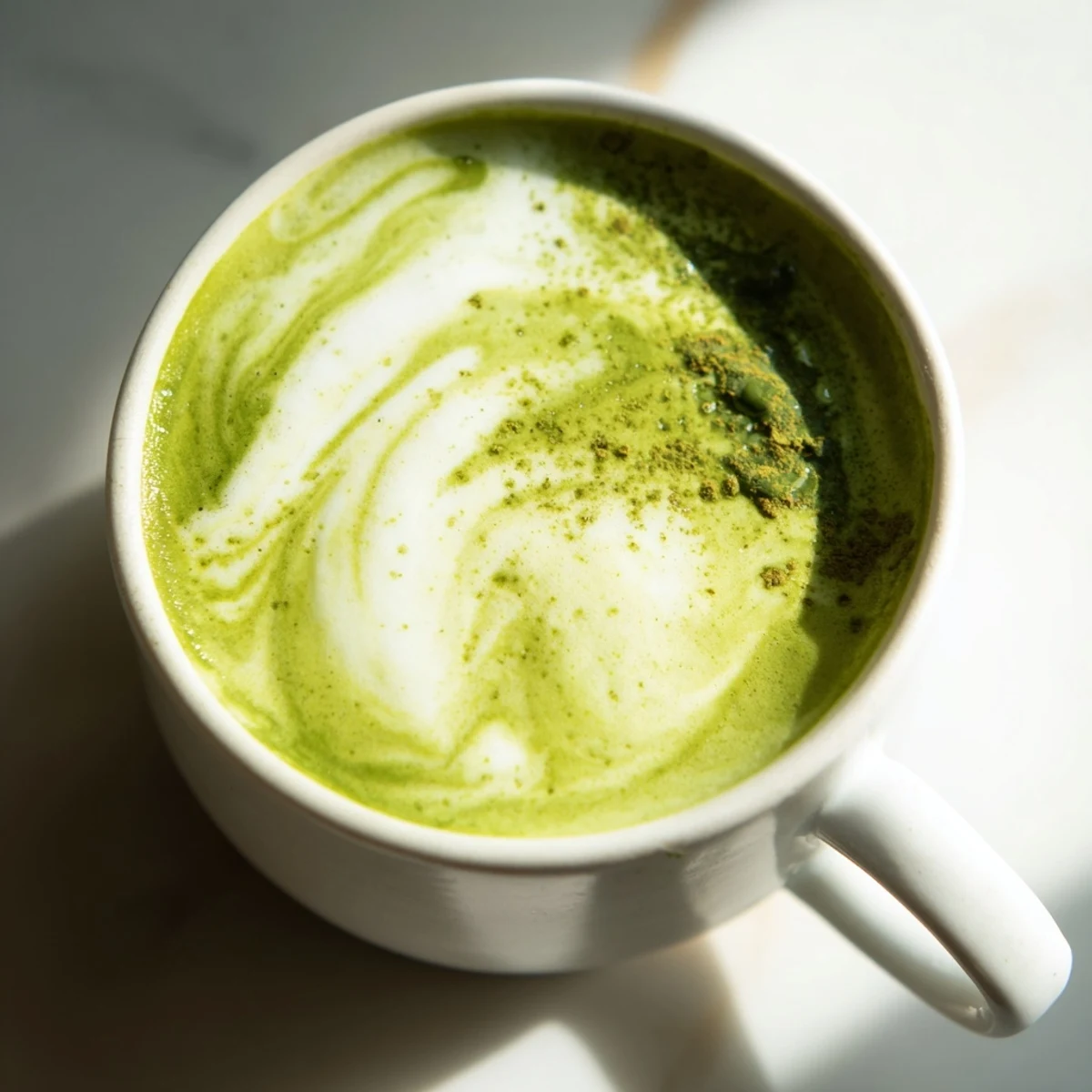 Steaming Green Matcha Latte with Oat Milk and Honey poured into a ceramic mug, showcasing its vibrant green color and creamy texture.