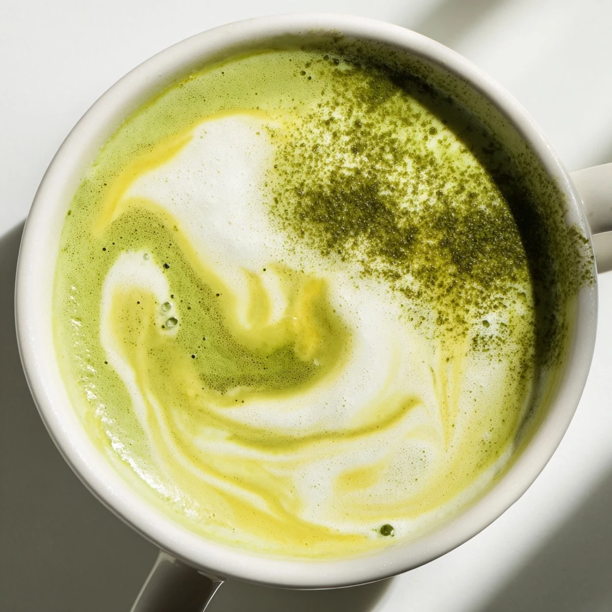 Close-up of a Green Matcha Latte with Oat Milk and Honey beside a honey dipper, highlighting the smooth, matcha-infused beverage.