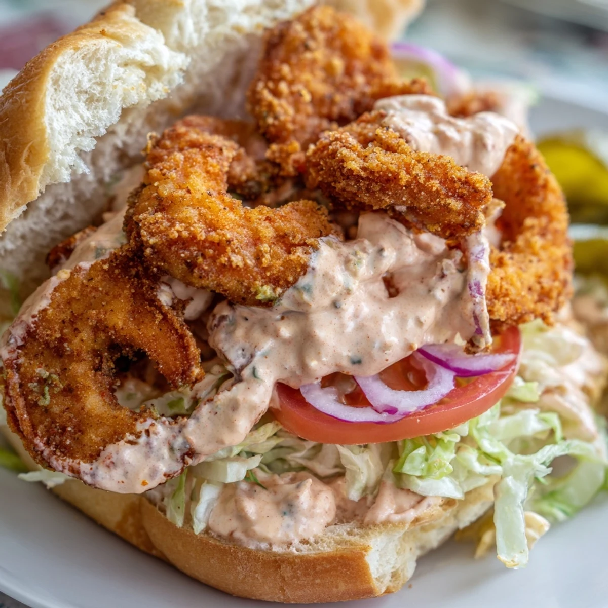 A close-up of a Southern shrimp po boy sandwich, showcasing crispy crusts and fresh toppings for an authentic taste.  