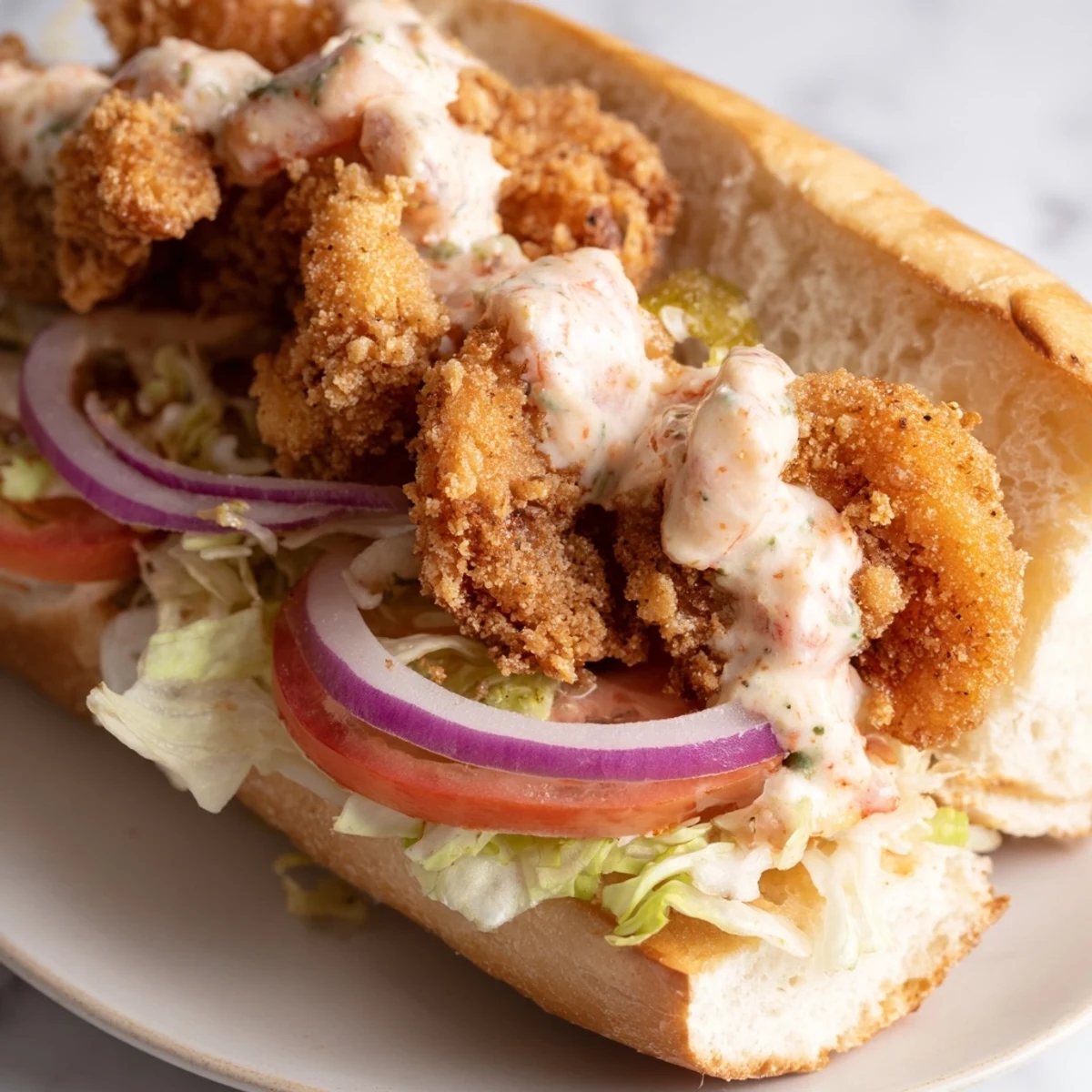 Golden fried shrimp piled on a toasted French roll with shredded lettuce, tomato, and creamy remoulade sauce.  