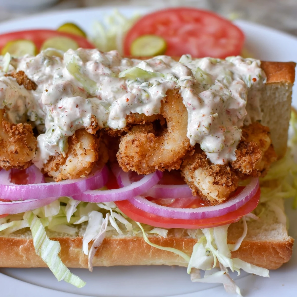 This classic Louisiana po boy features golden shrimp, tangy remoulade, and crisp veggies on a soft roll.