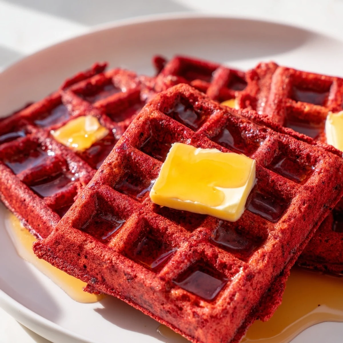 Fluffy, vibrant Red Velvet Waffles with Cocoa and Maple Syrup on a plate, melting butter and warm syrup ready to pour.