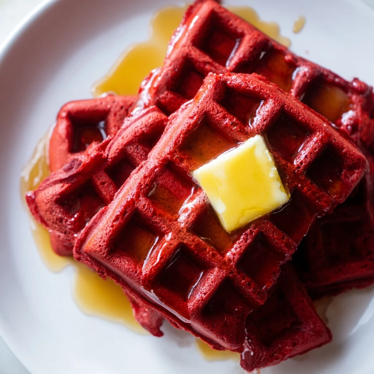 A close-up of golden-brown Red Velvet Waffles with Maple Syrup and Butter, fresh from the waffle iron for a decadent brunch.