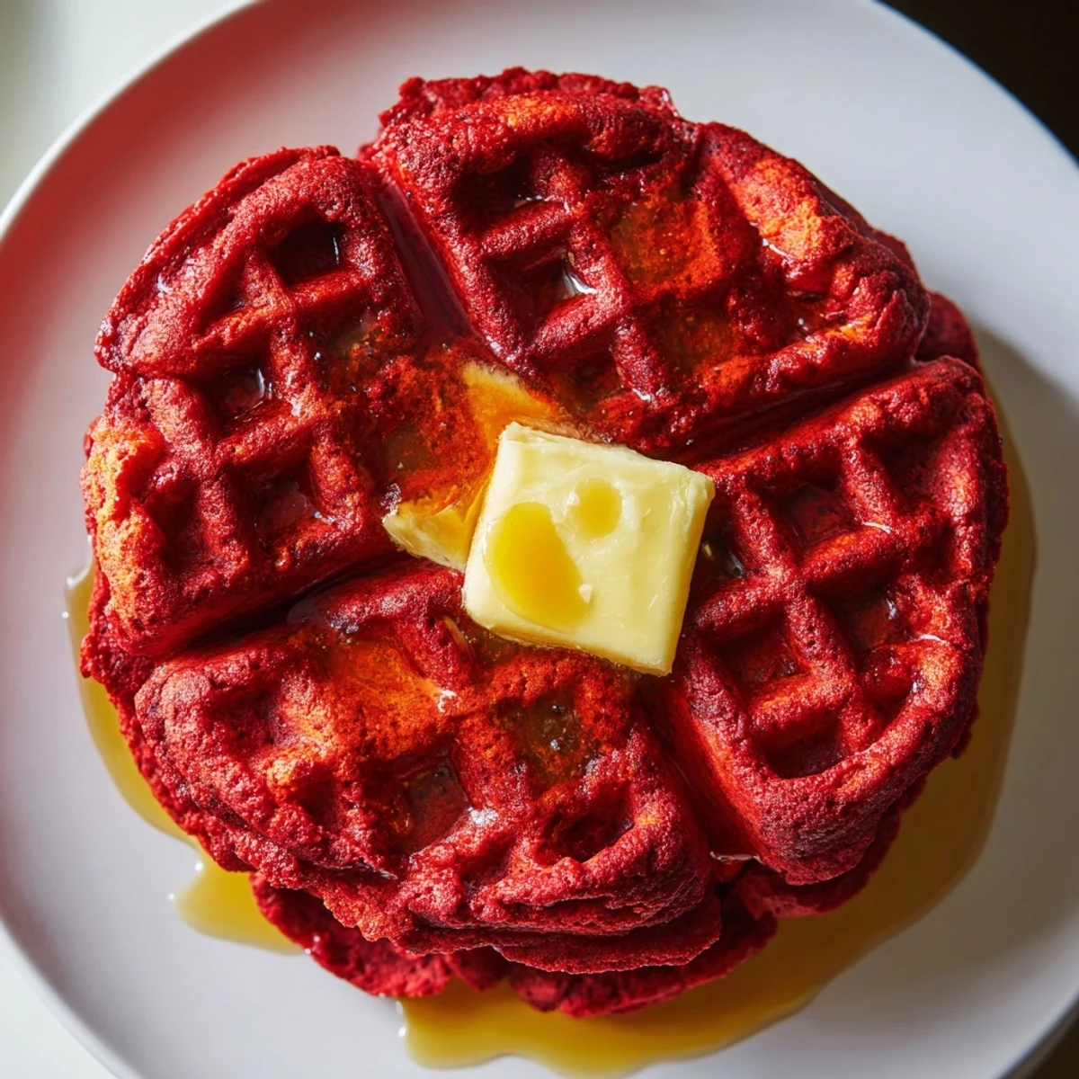 Golden, crisp Red Velvet Waffles with Maple Syrup and Butter, topped with a sweet drizzle and ready for a hearty breakfast.