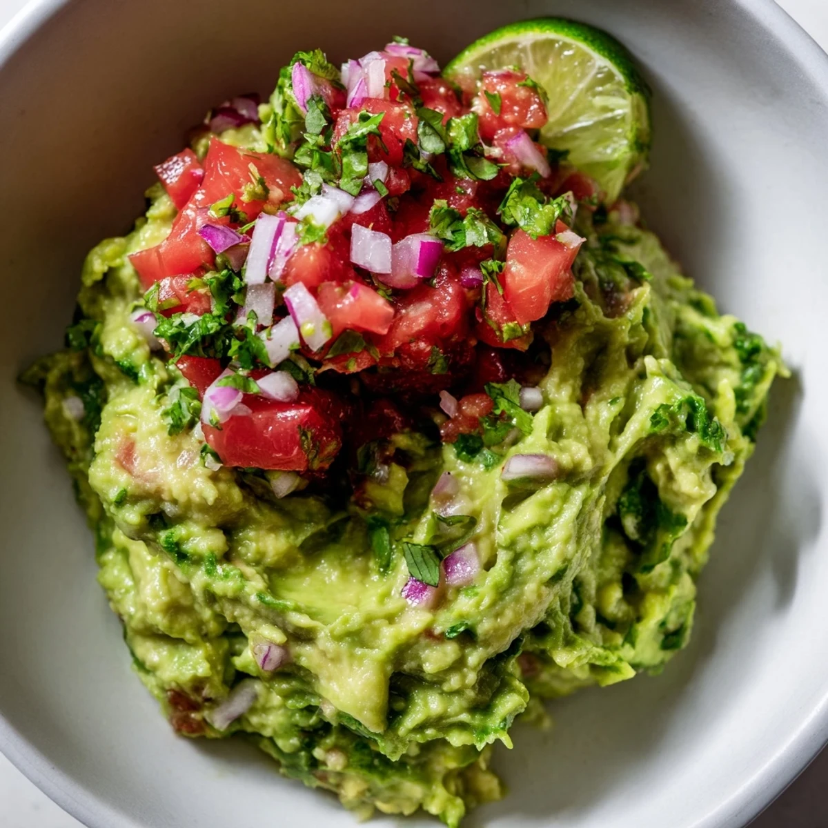 A bowl of Guacamole with Fresh Pico de Gallo and Lime showcases creamy avocado chunks and bright red salsa, garnished with cilantro.