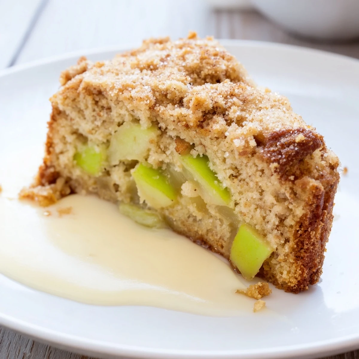 Freshly baked Irish Apple Cake with Warm Vanilla Custard served beside a steaming cup of tea.