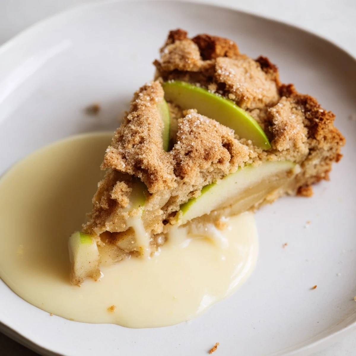 Golden slices of Irish Apple Cake with Warm Vanilla Custard drizzled over tender spiced apples.