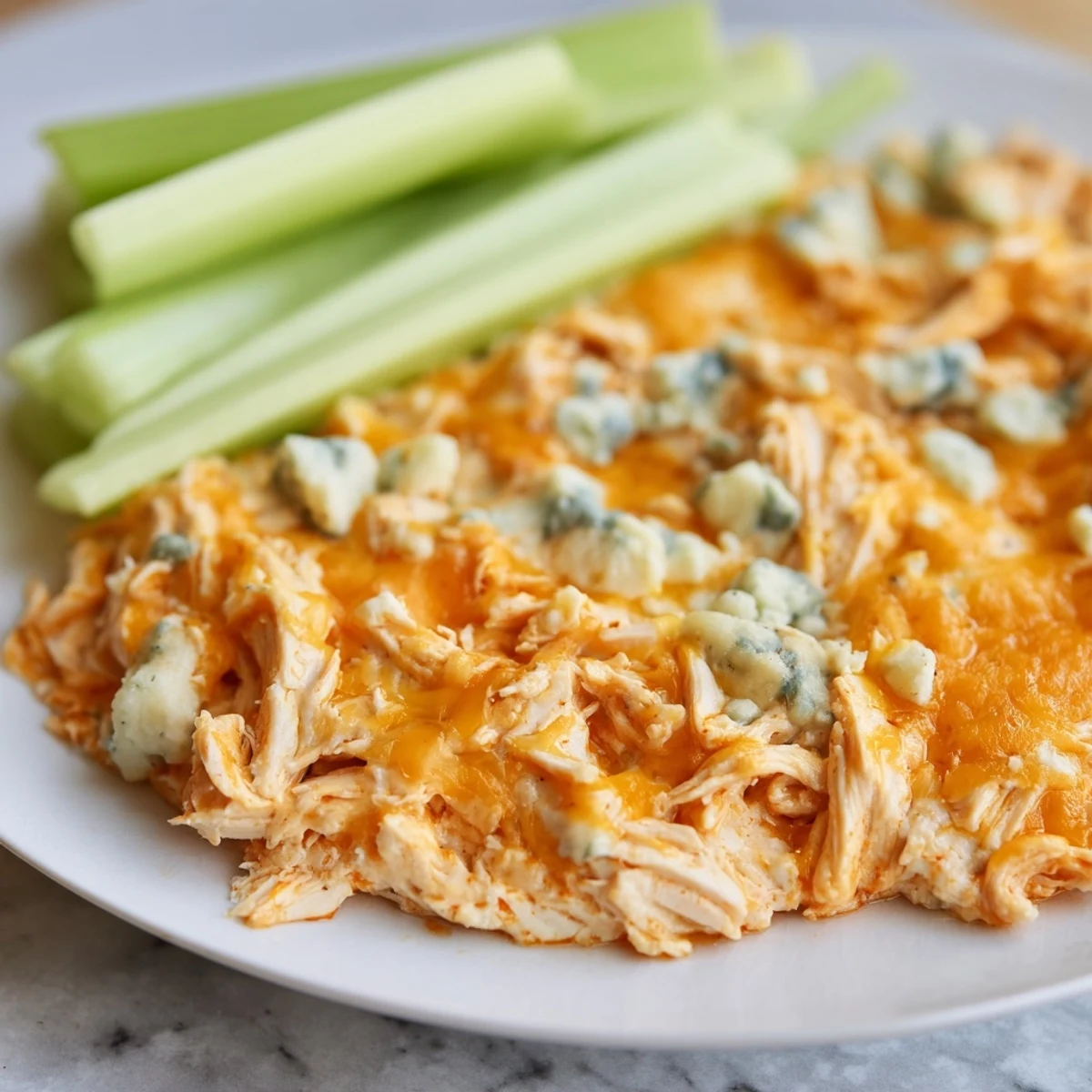 Golden, bubbly Spicy Buffalo Chicken Dip topped with melted cheese and chopped green onions, served with crisp celery sticks for dipping.