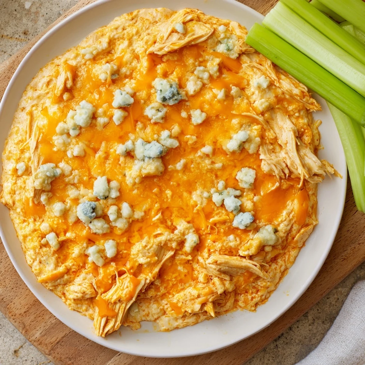 Creamy Spicy Buffalo Chicken Dip in a white dish, garnished with extra blue cheese crumbles and fresh celery on the side.